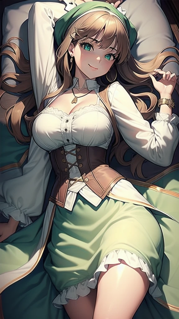 masterpiece, best quality, 1 solo girl, light brown hair, green eyes, long hair, medium breasts, sexy body and face, wavy hair, smile, early 1800s modest dress with silk or cotton, bonnets, corsets with aristocrat status, shawls, white gloves, high necklines, long sleeves, and a fitted bodice with a full skirt, under tied the chin, with ribbons, pendant, bracelet, jewelry, earrings, feather hair ornament, book, lying at the bed, night, sexy pose, cowboy shots, detailed body, face, and eyes, sharp focus, vibrant, creative, dynamic, high definition, high resolution, 8k, (Upscale: R-ESRGAN 4x+ Anime6mage enchance:4x), voluptuous body, cinema lightning, dakimakura style, looking at the viewer,