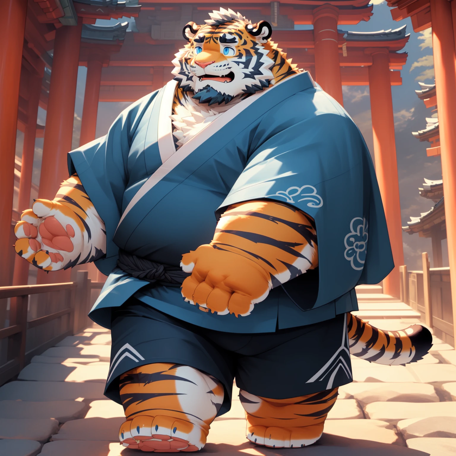 New Jersey 5 Furry,Tiger，Solitary，Chubby，Fat，Thick arms，Rugged muscles，shorts，Orange plush fur，Chubby脸，Black eyebrows，Sky blue eyes，Beard，(Japan samurai attire),Temple Background,((Cute expression)),8k,(high quality),(Ultra HD),(Super detailed),