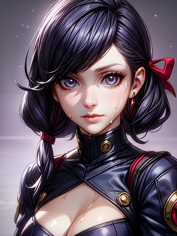 Anime girl \persona 5\ in pink wet clothes, realistic shadows, detailed skin, Very , black hair, hair ribbon, Very detailed, 8k highly detailed face, Ideal face shape, perfect lips, perfect nose, correct beautiful eyes, watching spectator, masterpiece, Best quality, Oneокая девушка, serafuku, One