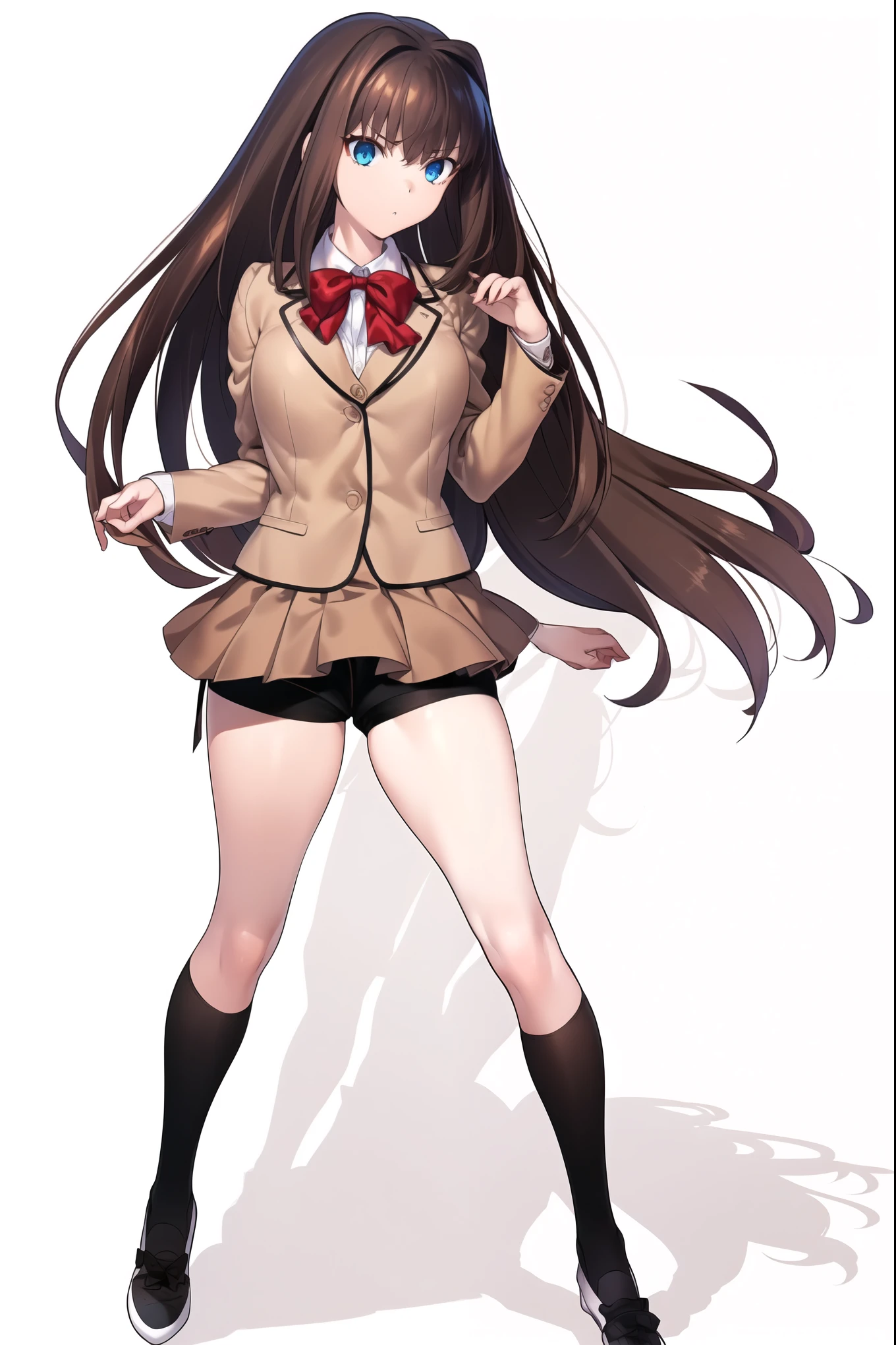 8k, high quality, AokoSchoolUniform, ((1girl)), solo, ,(chestnut-brown hair with reddish undertones), perfect face, red bowtie, beige blazer, (((darkest-brown pleated mini skirt:1.2))), (black spandex shorts:1.4), (nice thighs:1.4), (thigh-high black stockings), brown mary-jane shoes, (standing, (full body), (white empty background:1.3)
