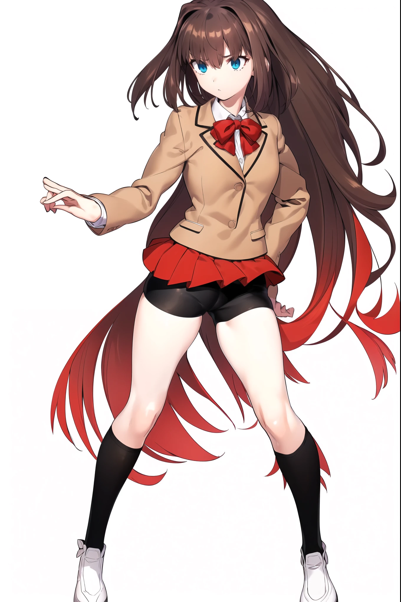 8k, high quality, AokoSchoolUniform, ((1girl)), solo, ,(chestnut-brown hair with reddish undertones), perfect face, red bowtie, beige blazer, (((darkest-brown pleated mini skirt:1.2))), (black spandex shorts:1.4), (nice thighs:1.4), (thigh-high black stockings), brown mary-jane shoes, (standing, (full body), (white empty background:1.3)
