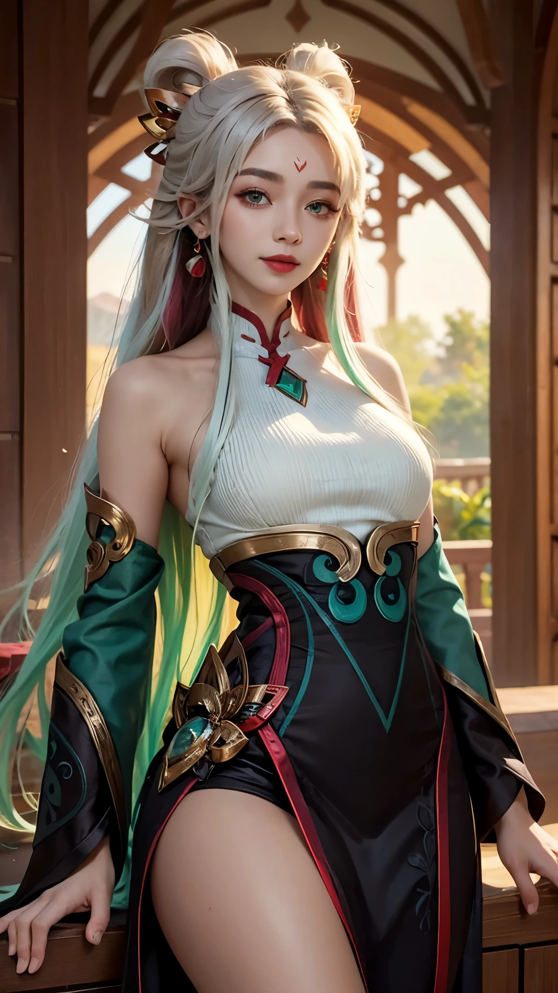 (masterpiece, best quality:1.2), intricate details, mythmaker irelia, 1girl, hair ornament, hair rings, bare shoulders, dress, detached sleeves, forehead mark, multicolored hair, white hair, earrings, green eyes, textured skin, looking at viewer, solo, light smile, (mature female:1.2)