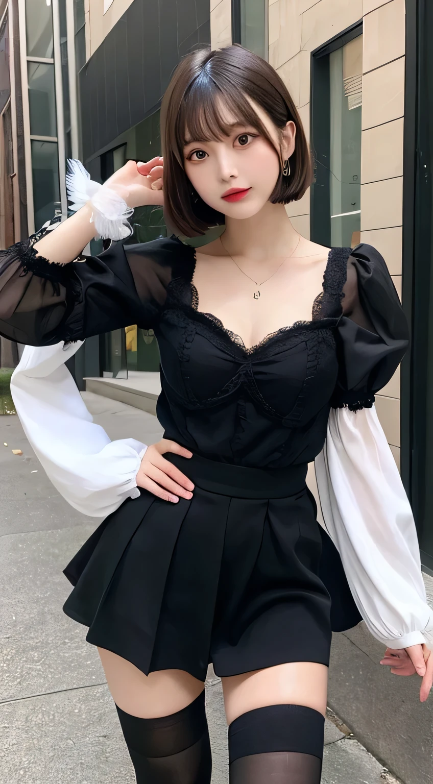 masterpiece, highest quality, High resolution, translation, Clothing cutouts, Long sleeve, Puffy sleeves, Juliet Sleeve, Feather ornament, Black knee socks, Black gloves, Black Dress, Black Skirt、Short hair with bangs