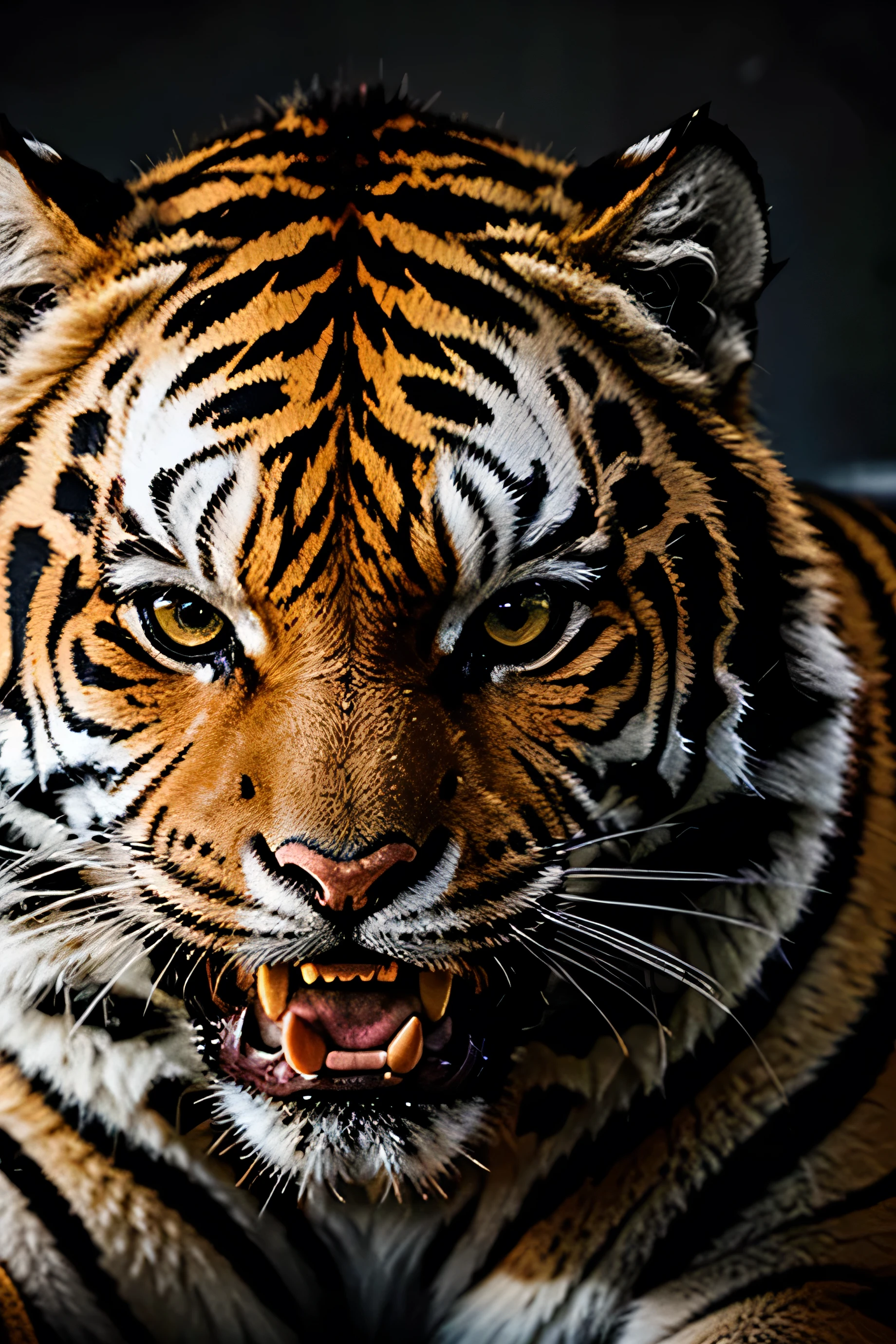 A siberian tiger angry, realistic, hyperrealistic, perfect detailed tiger fur, 8k photography, portrait face of tiger angry show his teeth