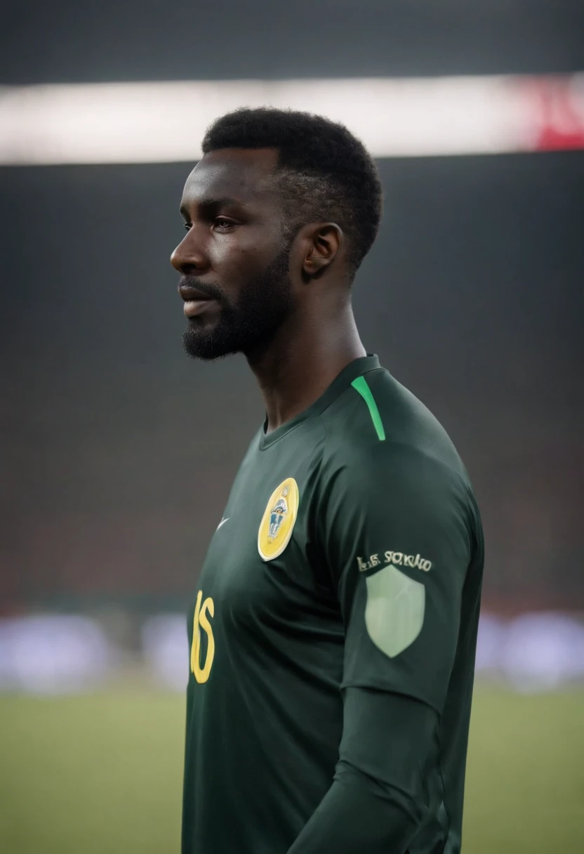 Senegal soccer goalkeeper. 24 years old. Black hair. Clip cut. Short hair. Strong chin. Black skin. Full beard. Dramatic light. Male. Black jersey. Masterpiece, best quality, 4k, portrait, very detailed. Male.
