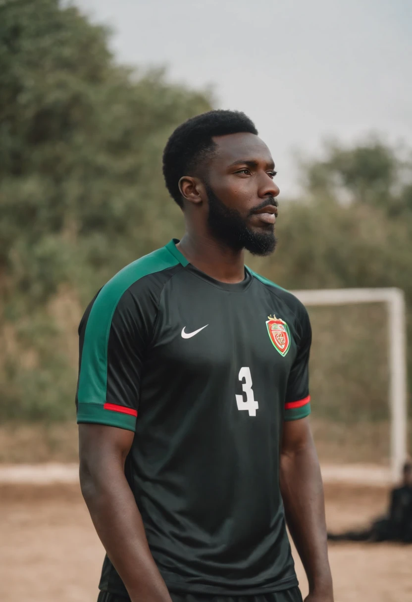 Senegal soccer goalkeeper. 24 years old. Black hair. Clip cut. Short hair. Strong chin. Black skin. Full beard. Dramatic light. Male. Black jersey. Masterpiece, best quality, 4k, portrait, very detailed. Male.
