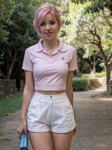 Beautiful slim small young girl with white skin short pink hair, cintura delgada muslos grandes , usando una camisa blanca y unos shorts de mezclilla, sentada en la banca de un parque a l asombra de un enorme cedro, sonrisa coqueta, natural lighting, sentada en una banca, cruzando las piernas, tenis rosas con blanco, foto de cuero completo, usando collar de correa negra en el cuello, piernas cruzadas, mirando hacia el cielo