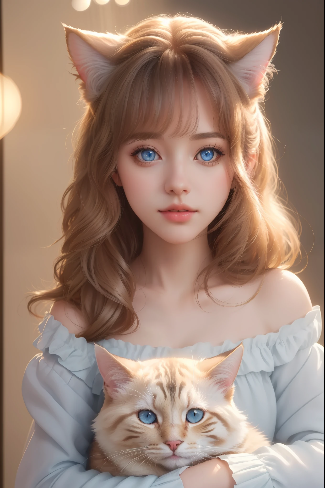 A girl with a pet cat,beautiful detailed eyes,beautiful detailed lips,soft fluffy fur,cozy atmosphere,cute interactions,sketchy style,(best quality,4k,8k,highres,masterpiece:1.2),ultra-detailed,realistic,HDR,studio lighting,professional,vivid colors,soft pastel colors,warm lighting