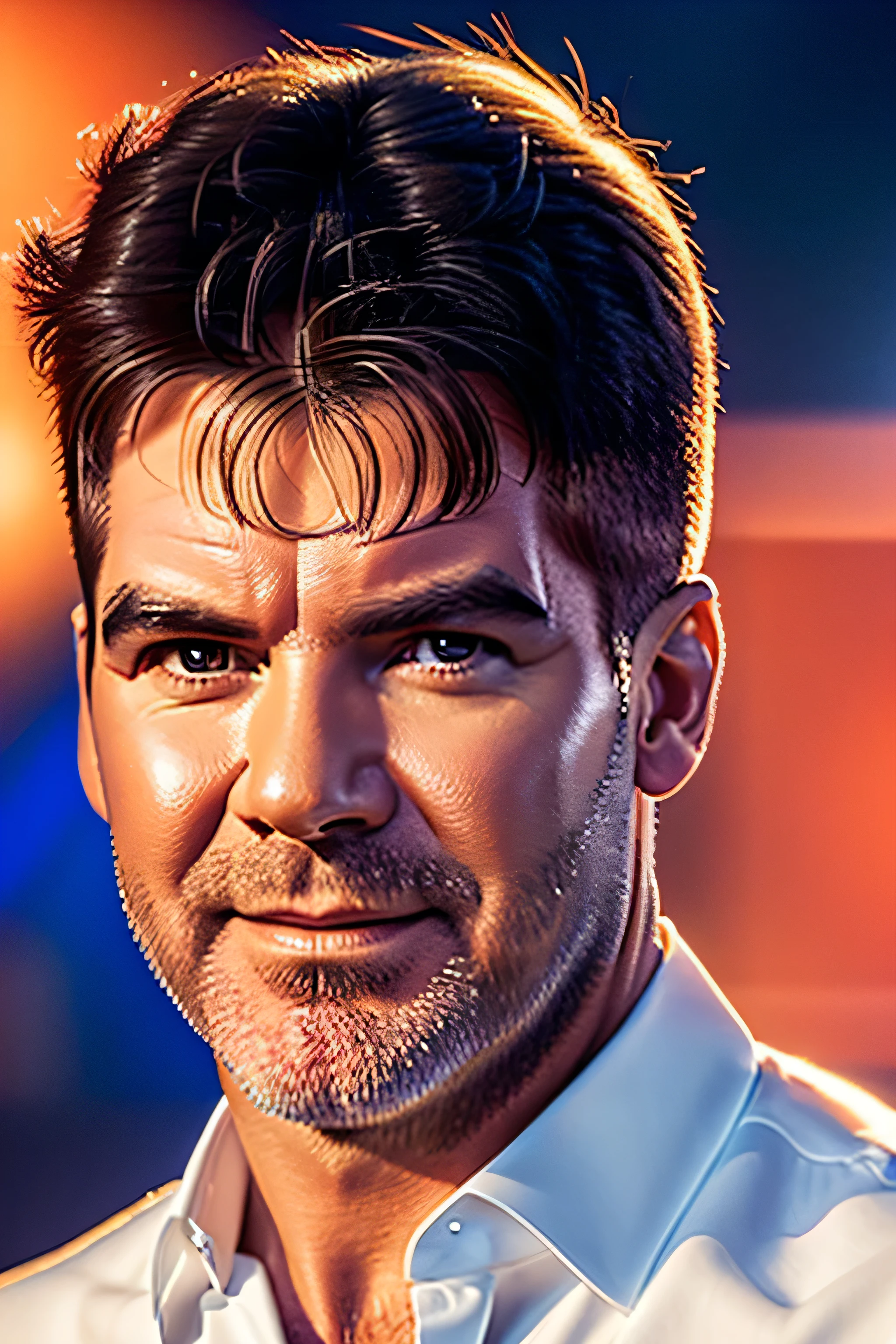 Simon Cowell, half body shot, detailed face, detailed representation of the face, detailed eyes, high quality, high resolution, best image, whole body shot wearing outfit, facing the audience, 8k, high quality, colorful background, light contrast