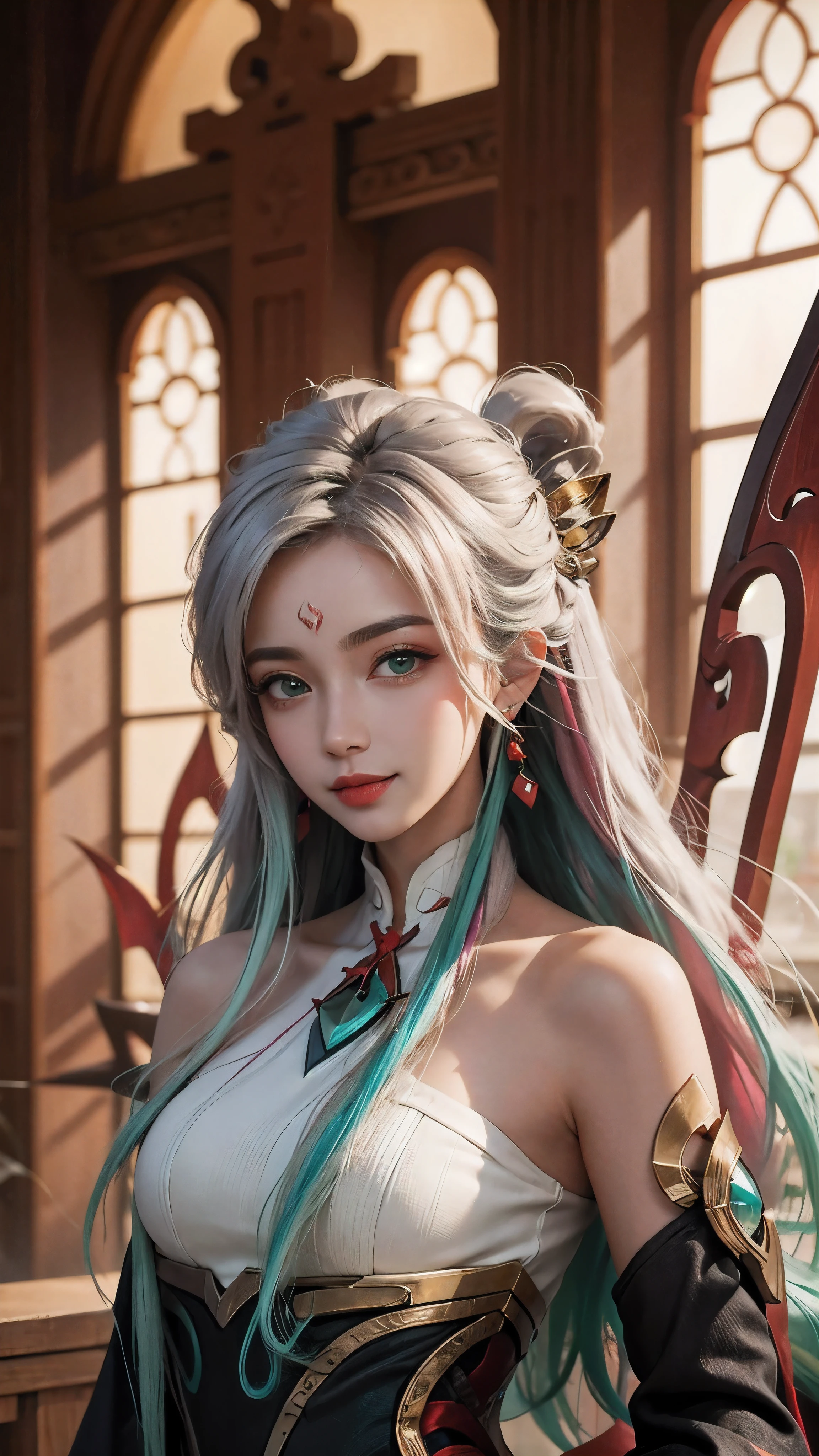 (masterpiece, best quality:1.2), intricate details, mythmaker irelia, 1girl, hair ornament, hair rings, bare shoulders, dress, detached sleeves, forehead mark, multicolored hair, white hair, earrings, green eyes, textured skin, looking at viewer, solo, light smile, (mature female:1.2)