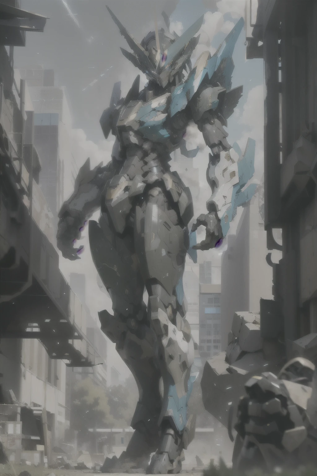Masterpiece, best quality, Mecha, no human, Black Armor, stone eyes, science fiction, stone, Use Katana stone, war, conflict, destroyed city background, Mecha stone Statue, made of stone, Full body, The Mecha is damaged.