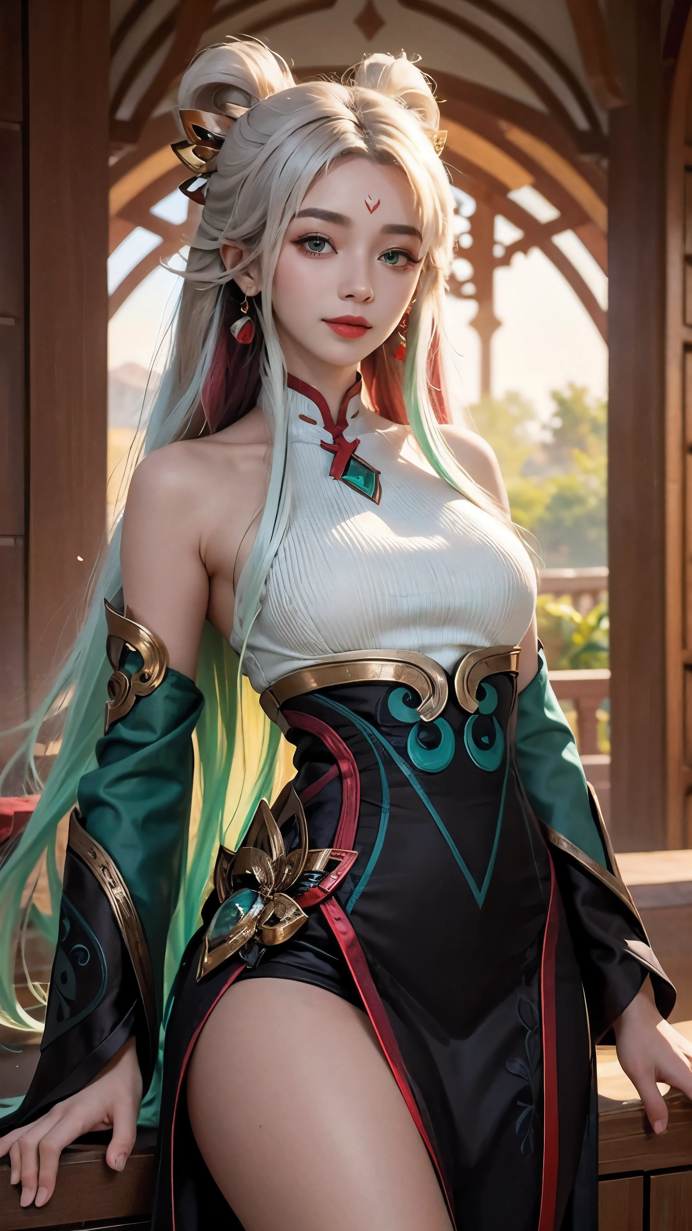 (masterpiece, best quality:1.2), intricate details, mythmaker irelia, 1girl, hair ornament, hair rings, bare shoulders, dress, detached sleeves, forehead mark, multicolored hair, white hair, earrings, green eyes, textured skin, looking at viewer, solo, light smile, (mature female:1.2)