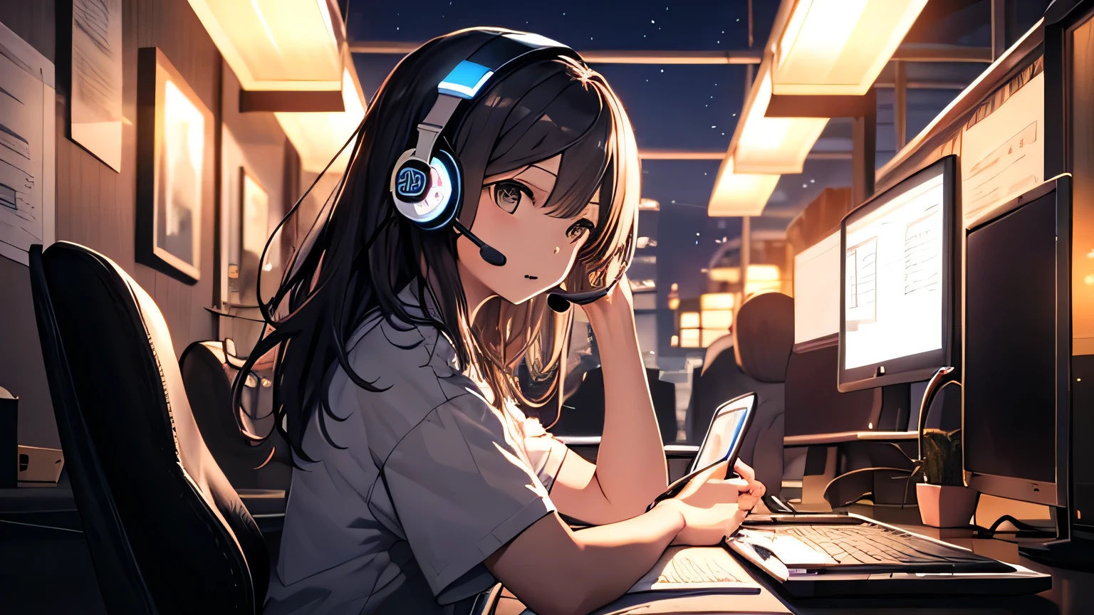 summer night,Night in a room with mood lighting、Put on your headset、Sit in a chair in front of the desk.、Girl studying on a computer,Short sleeve