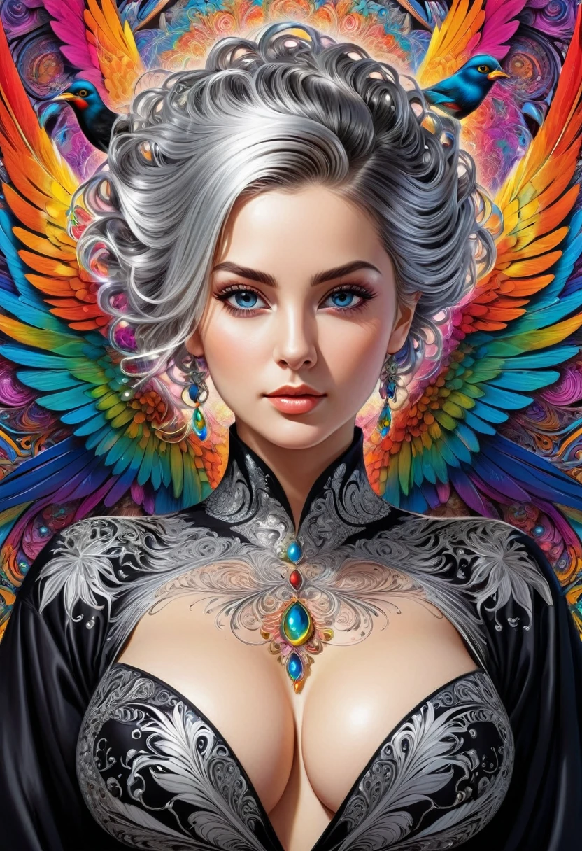 realistic, masterpiece, top quality, best quality, official art, beautiful and aesthetic,huge breast,Beautiful breast,extremely detailed,fractal art,colorful,highest detailed,zentangle,abstract background 1girl, birds,silver hair, bright eyes,hair slicked back, short hair, black robe,