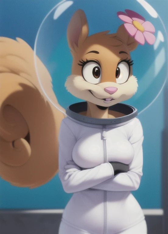 sandy-cheeks, (bubble helmet:1.3), furry female anthro, squirrel girl, (hair flower:1.1), (white shirt:1.2, long sleeves), solo, (body fur:1.2), (best quality), (warm colors:1.2), dramatic lighting, (detailed fluffy fur:1.1), looking at viewer, small breasts, (tail:1.1), on knees, straddling