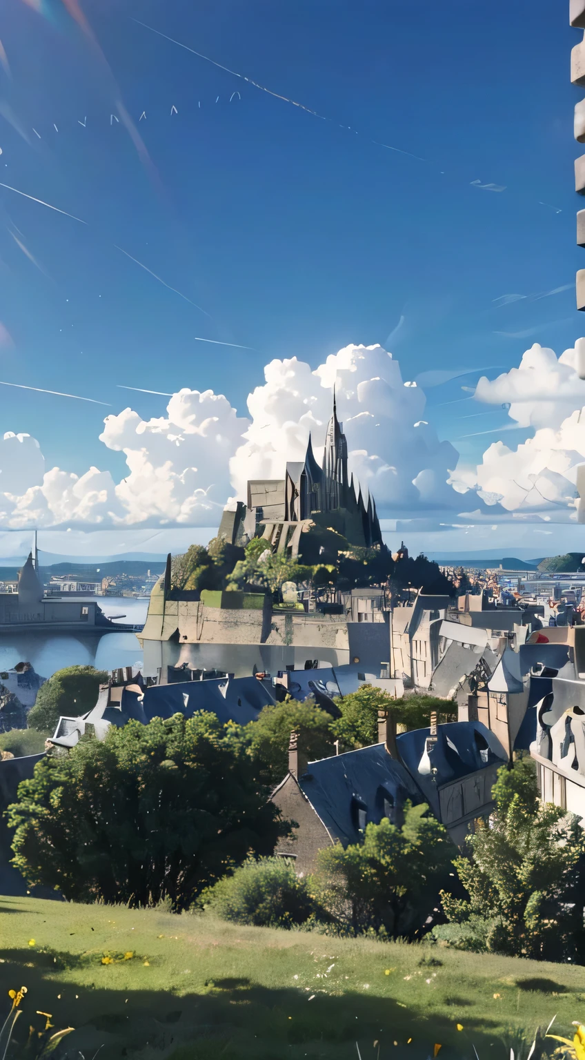 In 8K.highest quality,masterpiece,Kilo,Ultra-rich details,detailed,Detailing,landscape painting,France Mont Saint-Michel Eventide,landscape Bright colors throughout impression Mont Saint-Michel, France in the space field