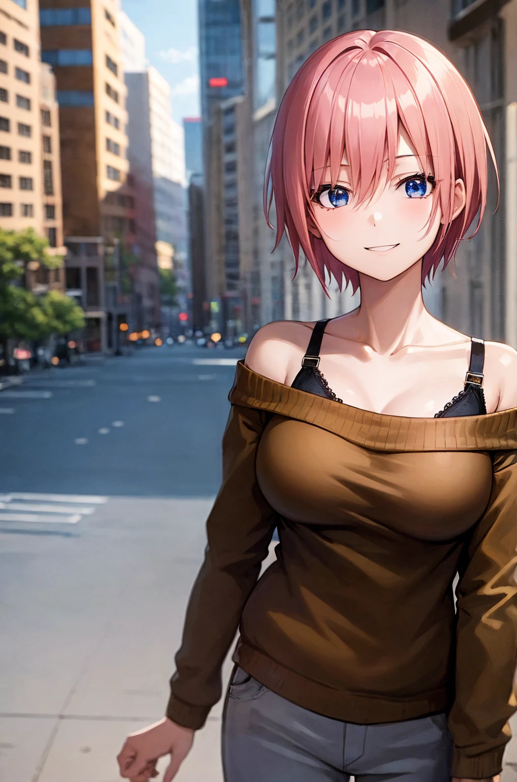 2d, masterpiece, best quality, anime, highly detailed, 1girl, solo, cowboy shot, nakano ichika, pink hair, short hair, yellow sweater, off-shoulder sweater, collarbone, long sleeves, (black bra), medium breasts, smile, outdoors, city