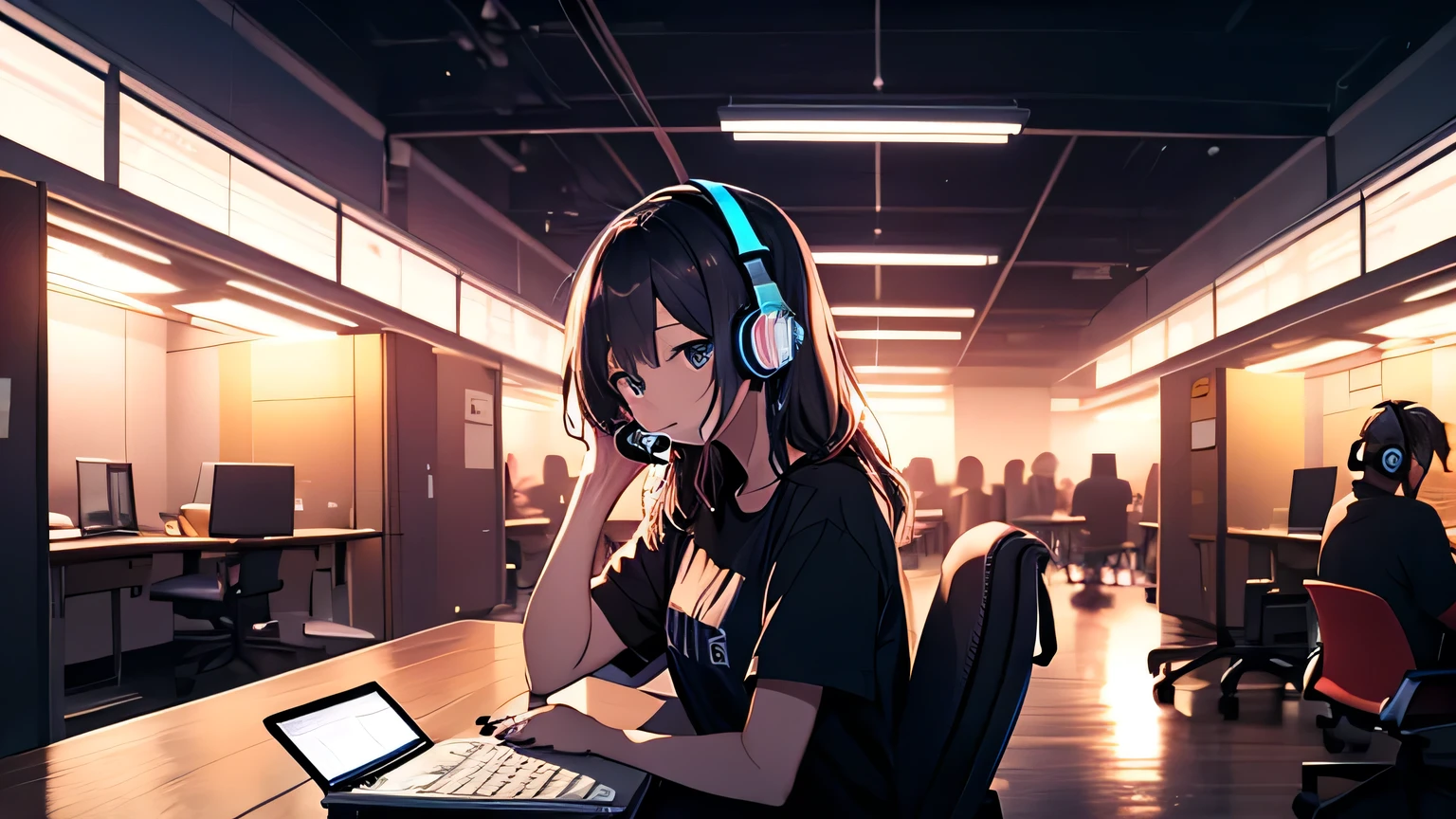 summer night,Night in a room with mood lighting、Put on your headset、Sit in a chair in front of the desk.、Girl studying on a computer,Short sleeve