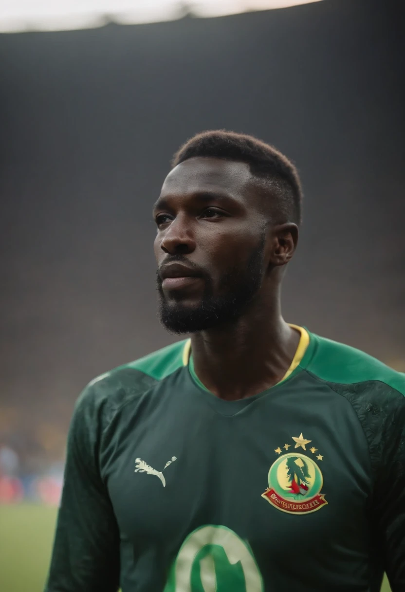 Senegal soccer goalkeeper. 24 years old. Black hair. Clip cut. Short hair. Strong chin. Black skin. Full beard. Dramatic light. Male. Black jersey. Masterpiece, best quality, 4k, portrait, very detailed. Male. Full stadium. Crowd cheering.