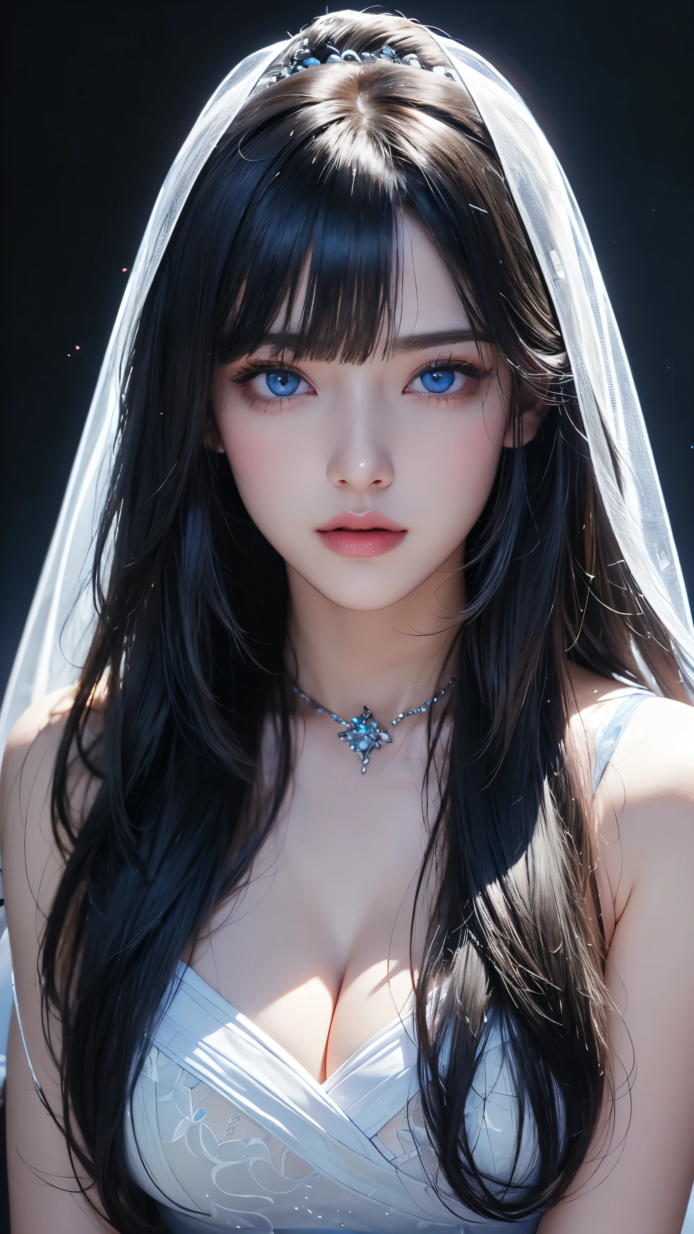 masterpiece, highest quality, Super detailed, Facing the camera, Super detailed, Realistic, Sharp features, Very detailed, Sharp focus, Perfect Face, Perfect Face, Perfect symmetrical perfect eyes, Perfect Plump Lips, Flexible female form, Cinematic, Film Light, Super detailed, hyper Realistic, masterpiece, Atmospheric, High resolution, Vibrant, Dynamic Studio Lighting, ((Dark Background)), The expression when enduring pleasure, Straight bangs, blue eyes,Cowboy Shot,Sexually aroused expression、White Wedding Dress