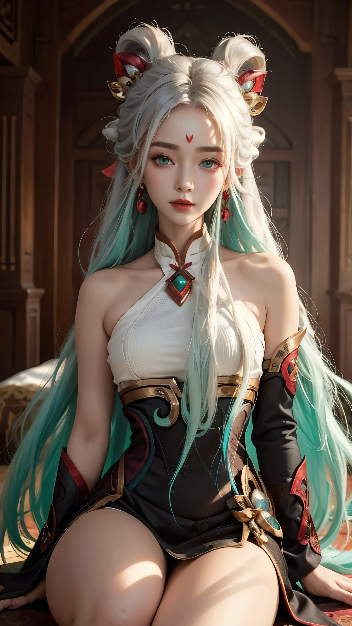 (masterpiece, best quality:1.2), intricate details, mythmaker irelia, 1girl, hair ornament, hair rings, bare shoulders, dress, detached sleeves, forehead mark, multicolored hair, white hair, earrings, green eyes, textured skin, looking at viewer, solo, light smile, (mature female:1.2)