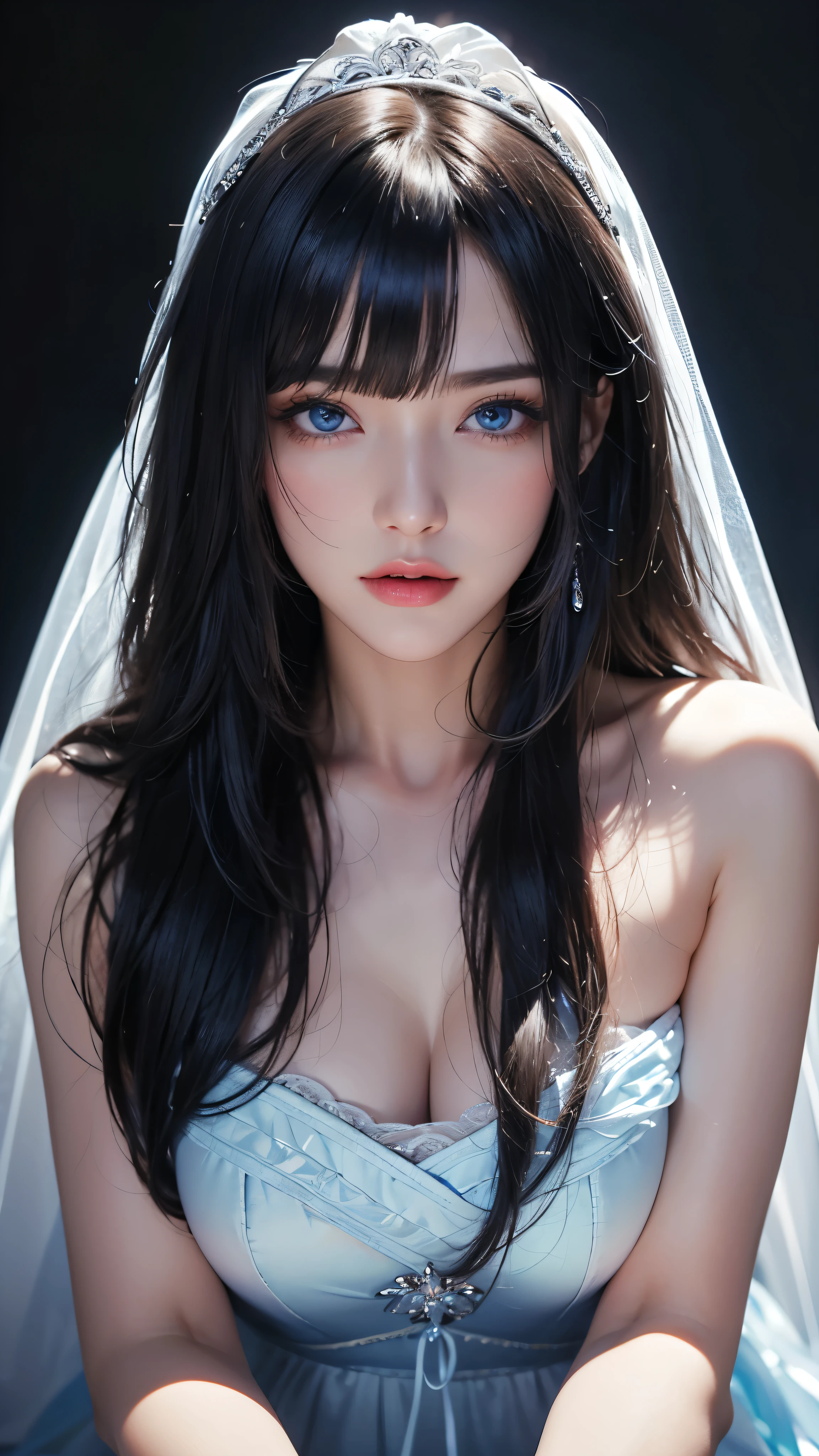 masterpiece, highest quality, Super detailed, Facing the camera, Super detailed, Realistic, Sharp features, Very detailed, Sharp focus, Perfect Face, Perfect Face, Perfect symmetrical perfect eyes, Perfect Plump Lips, Flexible female form, Cinematic, Film Light, Super detailed, hyper Realistic, masterpiece, Atmospheric, High resolution, Vibrant, Dynamic Studio Lighting, ((Dark Background)), The expression when enduring pleasure, Straight bangs, blue eyes,Cowboy Shot,Sexually aroused expression、White Wedding Dress