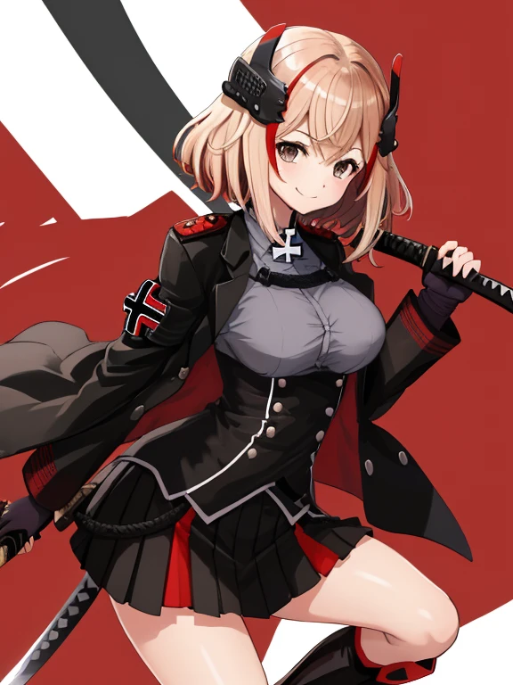 masterpiece, best quality, RoonV4, 1girl, solo, looking at viewer, smile, skirt, shirt, gloves, long sleeves, closed mouth, standing, jacket, upperbody, sidelocks, pleated skirt, boots, black gloves, collared shirt, miniskirt, black skirt, black footwear, black jacket, buttons, headgear, knee boots, cross, armband, grey shirt, cropped jacket, iron cross,katana,katana in hand,Japanese katana,long blade katana,katana held with right hand,katana long blade 60cm,katana in the hand,with high katana with one blade,hand with high quality,just a katana,only one blade,held on the side of the tsuka,tsuka,katana best qualit,