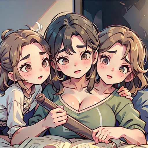 A busty two headed woman with an older woman and a younger girl as her two heads. She’s at a sleepover with the younger girl head’s friends. The older head is masturbating her huge cock and cumming into the younger daughter’s face while the young head is trying to watch a movie with her friends.