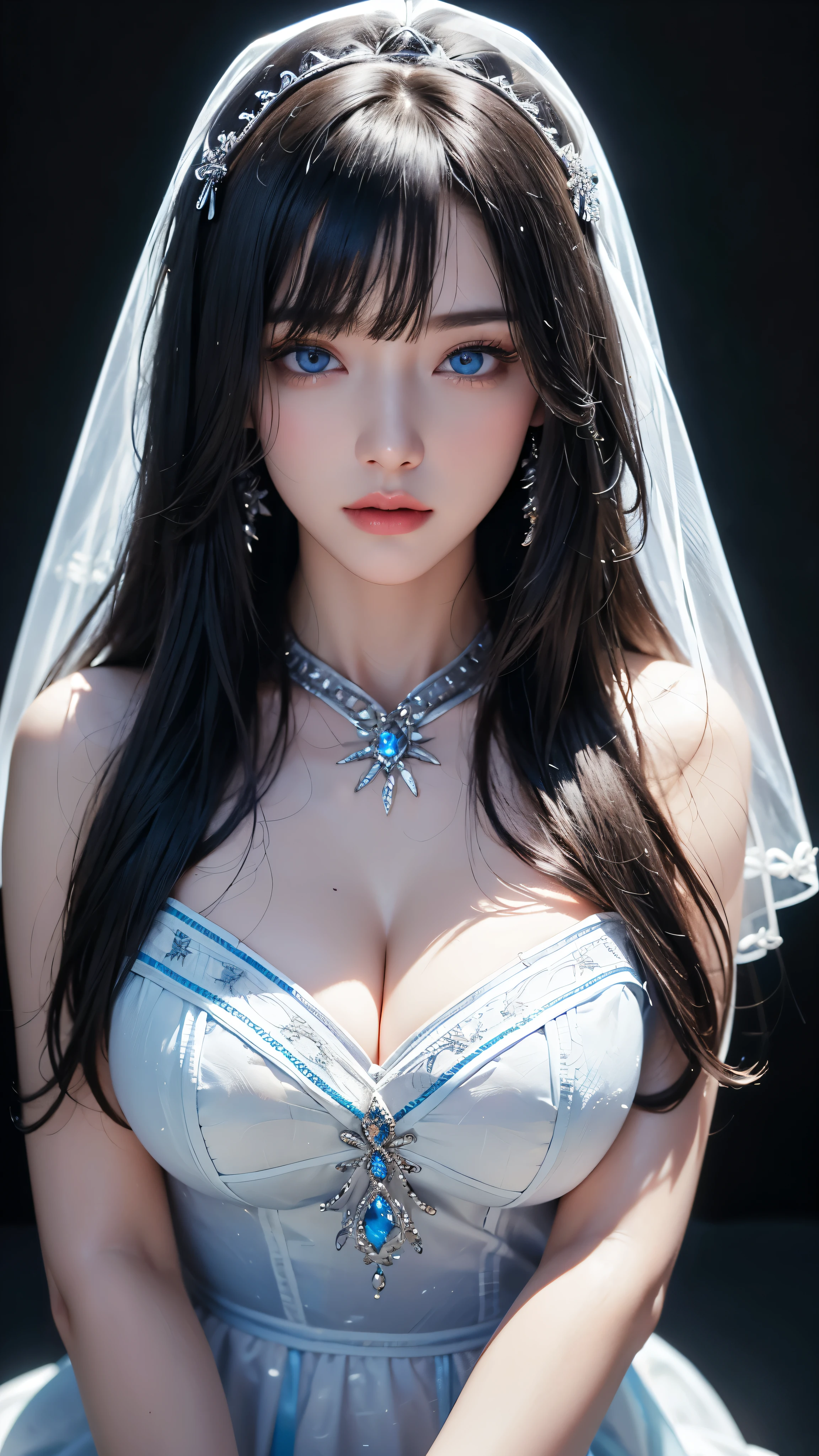 masterpiece, highest quality, Super detailed, Facing the camera, Super detailed, Realistic, Sharp features, Very detailed, Sharp focus, Perfect Face, Perfect Face, Perfect symmetrical perfect eyes, Perfect Plump Lips, Flexible female form, Cinematic, Film Light, Super detailed, hyper Realistic, masterpiece, Atmospheric, High resolution, Vibrant, Dynamic Studio Lighting, ((Dark Background)), The expression when enduring pleasure, Straight bangs, blue eyes,Cowboy Shot,Sexually aroused expression、White Wedding Dress