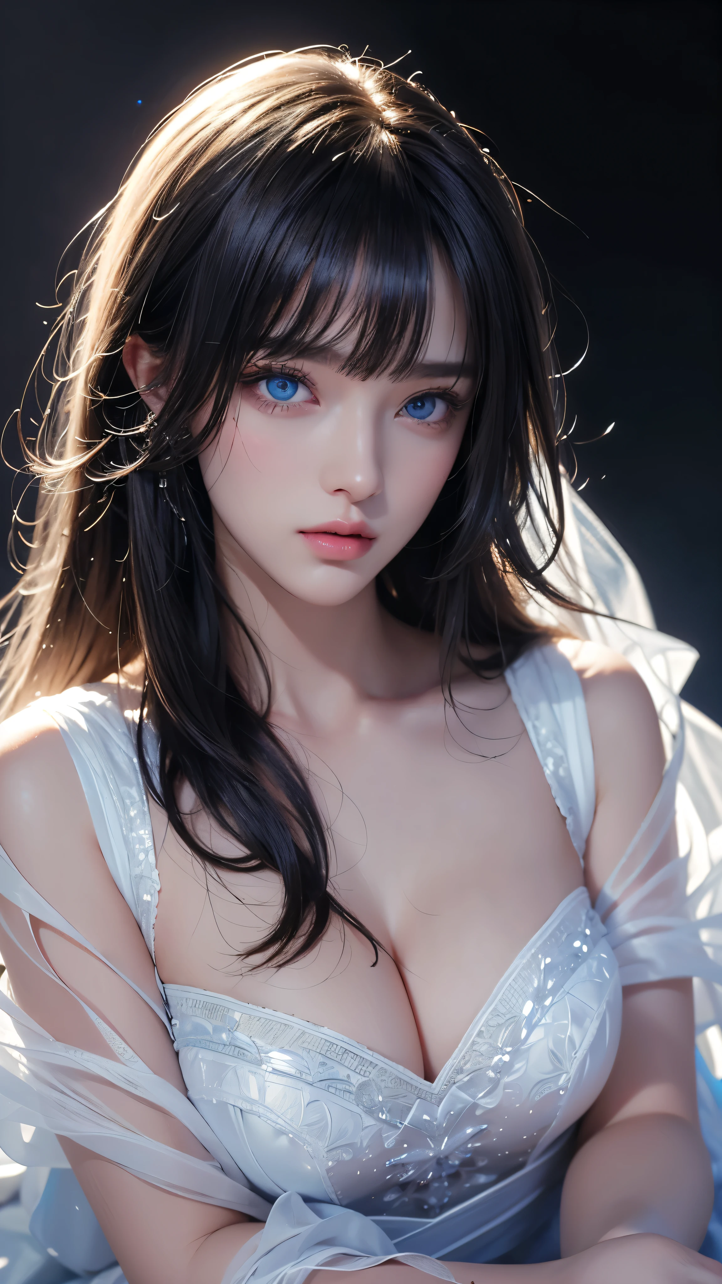 masterpiece, highest quality, Super detailed, Facing the camera, Super detailed, Realistic, Sharp features, Very detailed, Sharp focus, Perfect Face, Perfect Face, Perfect symmetrical perfect eyes, Perfect Plump Lips, Flexible female form, Cinematic, Film Light, Super detailed, hyper Realistic, masterpiece, Atmospheric, High resolution, Vibrant, Dynamic Studio Lighting, ((Dark Background)), The expression when enduring pleasure, Straight bangs, blue eyes,Cowboy Shot,Sexually aroused expression、White Wedding Dress