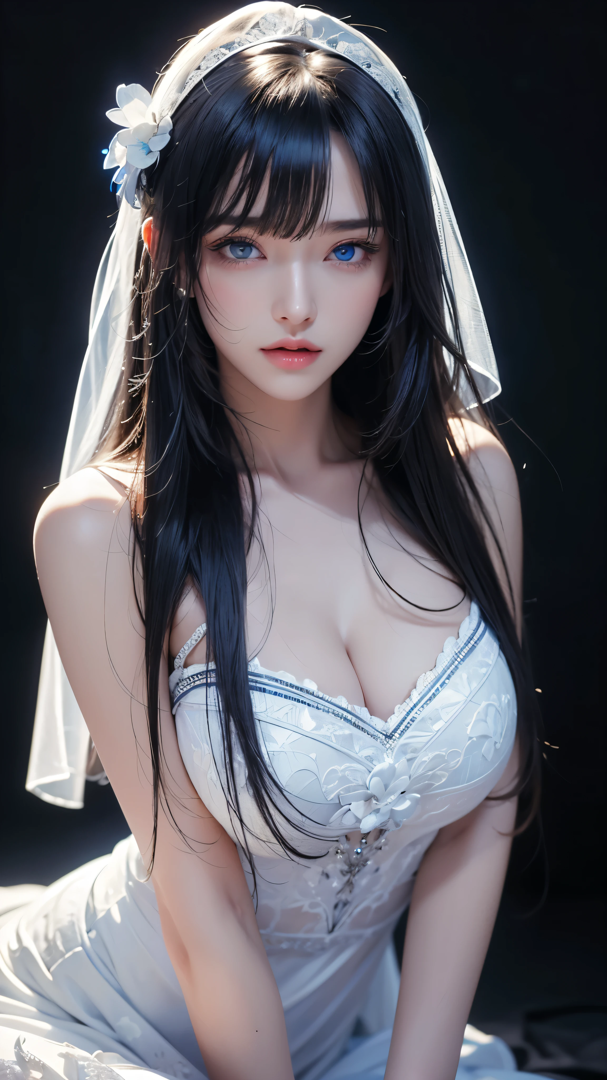 masterpiece, highest quality, Super detailed, Facing the camera, Super detailed, Realistic, Sharp features, Very detailed, Sharp focus, Perfect Face, Perfect Face, Perfect symmetrical perfect eyes, Perfect Plump Lips, Flexible female form, Cinematic, Film Light, Super detailed, hyper Realistic, masterpiece, Atmospheric, High resolution, Vibrant, Dynamic Studio Lighting, ((Dark Background)), The expression when enduring pleasure, Straight bangs, blue eyes,Cowboy Shot,Sexually aroused expression、White Wedding Dress