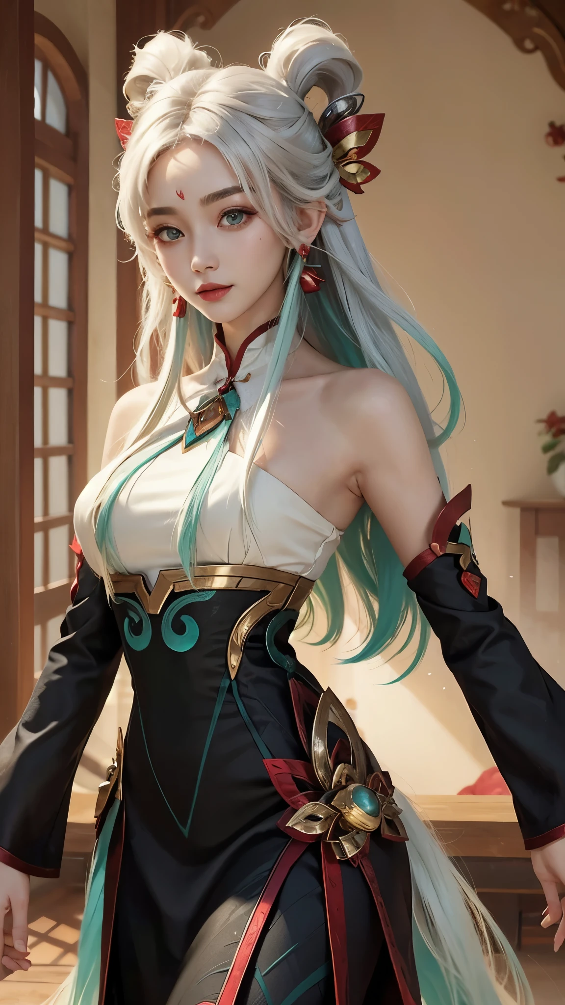 (masterpiece, best quality:1.2), intricate details, mythmaker irelia, 1girl, hair ornament, hair rings, bare shoulders, dress, detached sleeves, forehead mark, multicolored hair, white hair, earrings, green eyes, textured skin, looking at viewer, solo, light smile, (mature female:1.2)