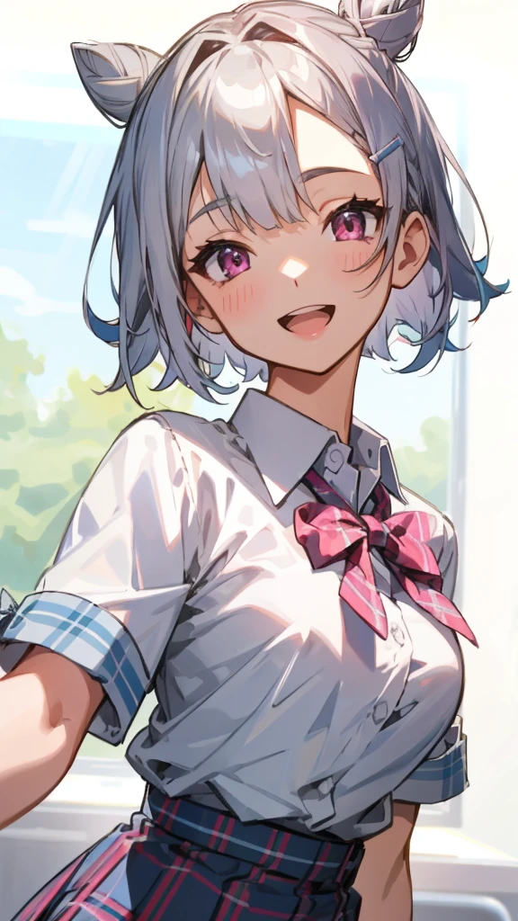 silver short hair and bob hair、I tied my hair into a bun with a hair clip.、pink eyes、white blouse shirt、tartan check skirt、smile、open your mouth wide、upper body close-up、After school classroom
