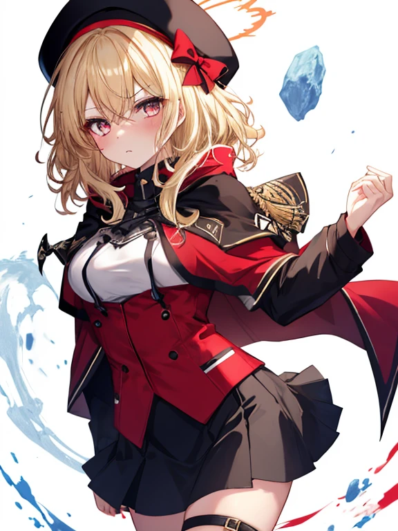 masterpiece,1girl, sparrow, a blonde haired girl, wearing a knight uniform, wavy medium hair, messy hair, black skirt, red capelet with hoody, slim body, she have a schyte, medium breasts, she close her left eye, shirt ornament, ppai, white beret, angry face, beautiful breasts, rounded breasts, crimson eyes, break halo, adult