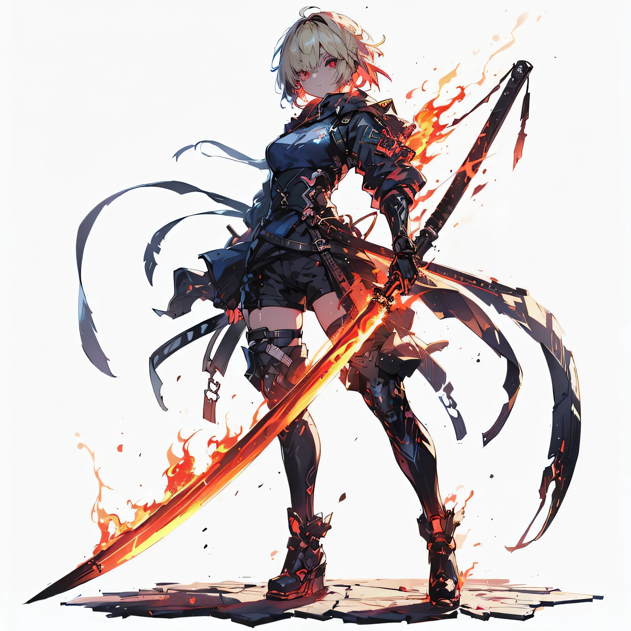 (Tabletop, highest quality), (Perfect athletic body:1.2), (Thin Hair), Very detailed, Anime Style, whole body, Cyberpunk Ninja, Japanese Hairstyles, (((Wields a giant Blue Flame Sword))),(((Blue Flame Sword))), Standing in the Wilderness, Wear tech boots, 8K High Resolution, Trend Art Station, White Background, Standing in the Wilderness, whole body,Kung Fu、 (Hair Ribbon:0.4), Pink Eyes,Cinematic Angles,perspective,(((Barrette)))、(((Hair on one eye)))、(((Blonde Short Hair)))、Red eyes、