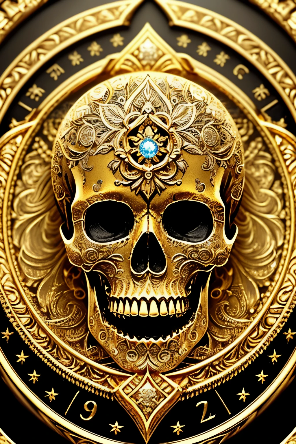 Majestic Skull, adorned with golden coins and intricately detailed engravings, masterpiece, best quality, ultra-high resolution, (realism: 1.5), original artwork, (rich gold texture: 1.4), (shimmering gold effect: 1.3), (close-up: 1.2), Center stage. This exquisite rendering of wealth and power is a stunning display of skill and artistry, capturing the essence of old-world grandeur in a single, captivating image.