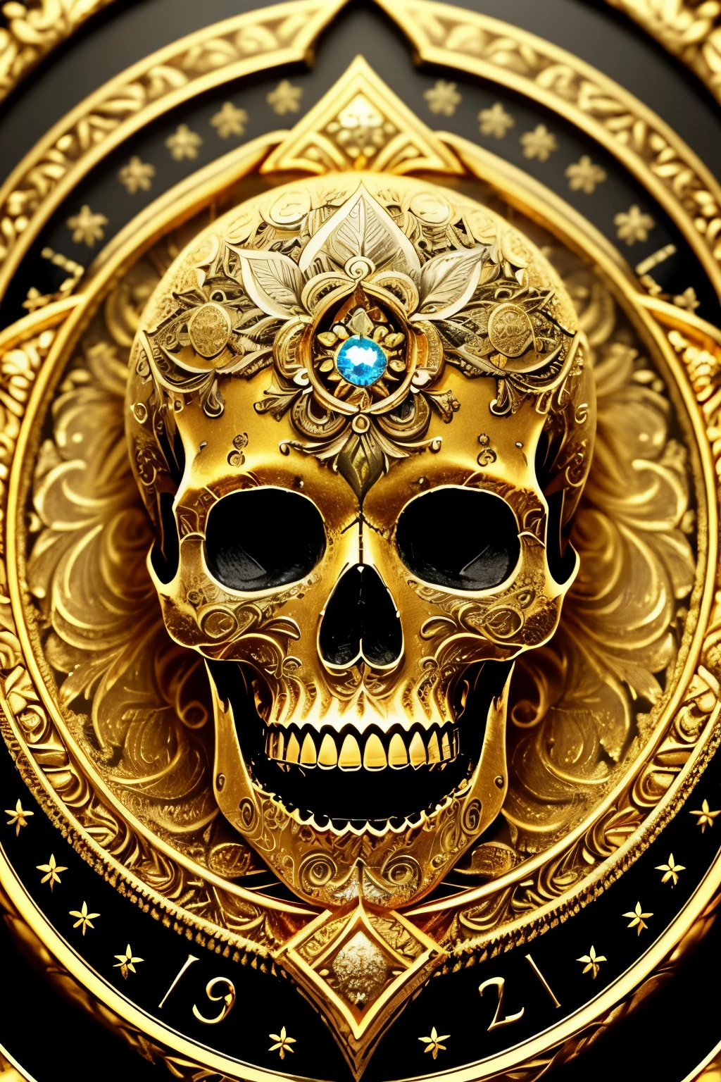 Majestic Skull, adorned with golden coins and intricately detailed engravings, masterpiece, best quality, ultra-high resolution, (realism: 1.5), original artwork, (rich gold texture: 1.4), (shimmering gold effect: 1.3), (close-up: 1.2), Center stage. This exquisite rendering of wealth and power is a stunning display of skill and artistry, capturing the essence of old-world grandeur in a single, captivating image.