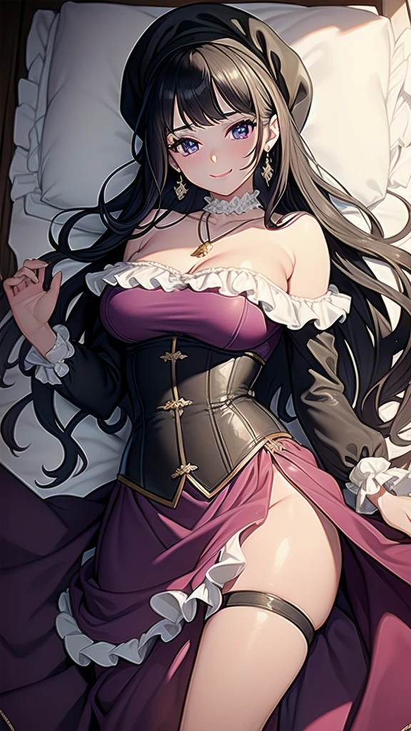 masterpiece, best quality, 1 solo girl, black hair, purple eyes, long hair, medium breasts, sexy body and face, wavy hair, smile, early 1800s modest dress with silk or cotton, bonnets, corsets with aristocrat status, shawls, white gloves, high necklines, long sleeves, and a fitted bodice with a full skirt, under tied the chin, with ribbons, pendant, bracelet, jewelry, earrings, feather hair ornament, book, lying at the bed, night, sexy pose, cowboy shots, detailed body, face, and eyes, sharp focus, vibrant, creative, dynamic, high definition, high resolution, 8k, (Upscale: R-ESRGAN 4x+ Anime6mage enchance:4x), voluptuous body, cinema lightning, dakimakura style, looking at the viewer,