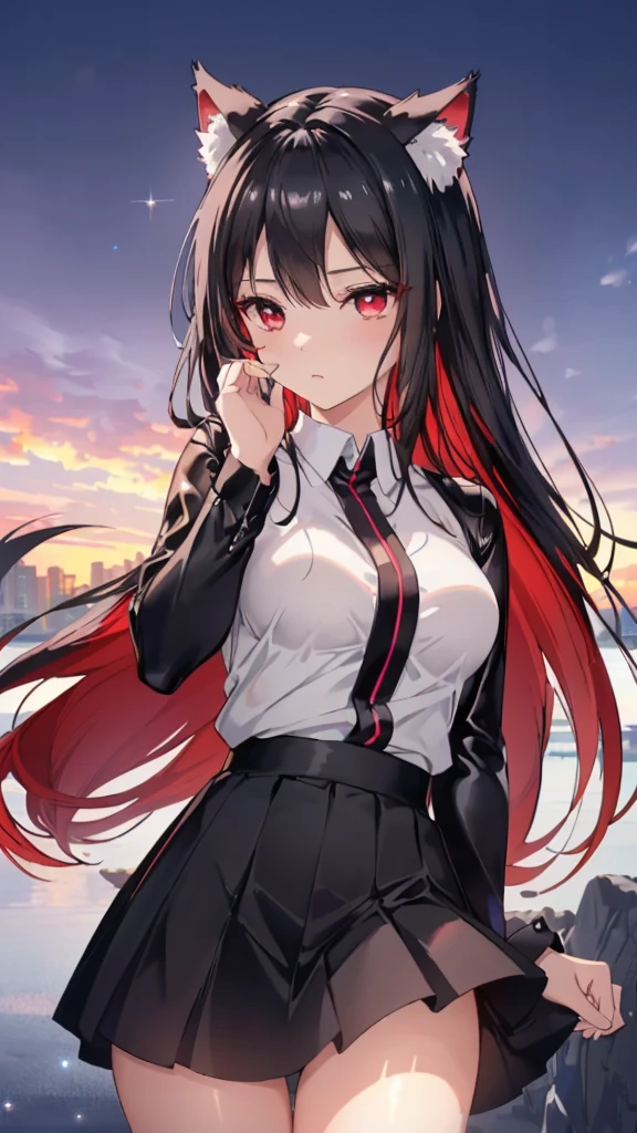 (Cat girl), (smoking), cat ears, black hair, business casual attire, cool, red dress shirt, pretty red eyes, cat tail, ((Crimson Red Eyes eyes: 1.3, Upturned Eyes: 1, Perfect Eyes, Beautiful Detailed Eyes, Gradient eyes: 1, Finely Detailed Beautiful Eyes: 1, Symmetrical Eyes: 1, Big Highlight On Eyes: 1.2)), (((Lustrous Skin: 1.5, Bright Skin: 1.5, Skin Fair, Shiny Skin, Very Shiny Skin, Shiny Body, Plastic Glitter Skin, Exaggerated Shiny Skin, Illuminated Skin))), (Detailed Body, (Detailed Face)), (((Skirt))), High Resolution, Sharp Focus, Ultra Detailed, Extremely Detailed, Extremely High Quality Artwork, (Realistic, Photorealistic: 1.37), 8k_Wallpaper, (Extremely Detailed CG 8k), (Very Fine 8K CG), ((Hyper Super Ultra Detailed Perfect Piece)), (((Flawless masterpiece))), Illustration, Vibrant Colors, (Intricate), High Contrast, Selective Lighting, Double Exposure, HDR (High Dynamic Range), Post-processing, Background Blur
