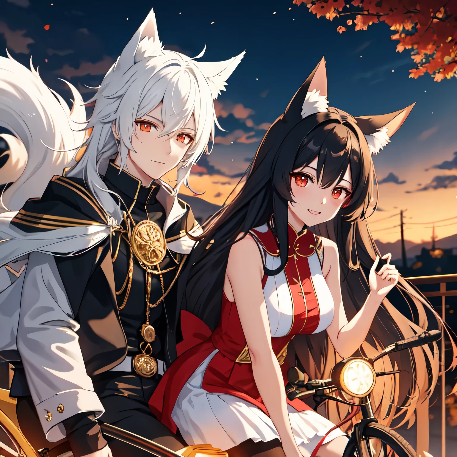

[Description: An anime night scene where a beautiful kitsune woman with nine tails and fox ears is riding a bicycle, vestindo uma roupa de rockeira. Her long black hair is blowing in the wind, and your golden eyes shine in the darkness. Ao seu lado, a vampire man with black hair and red eyes is also on a bicycle, usando uma roupa semelhante de rockeiro. They are cycling together down the street lit only by moonlight.]