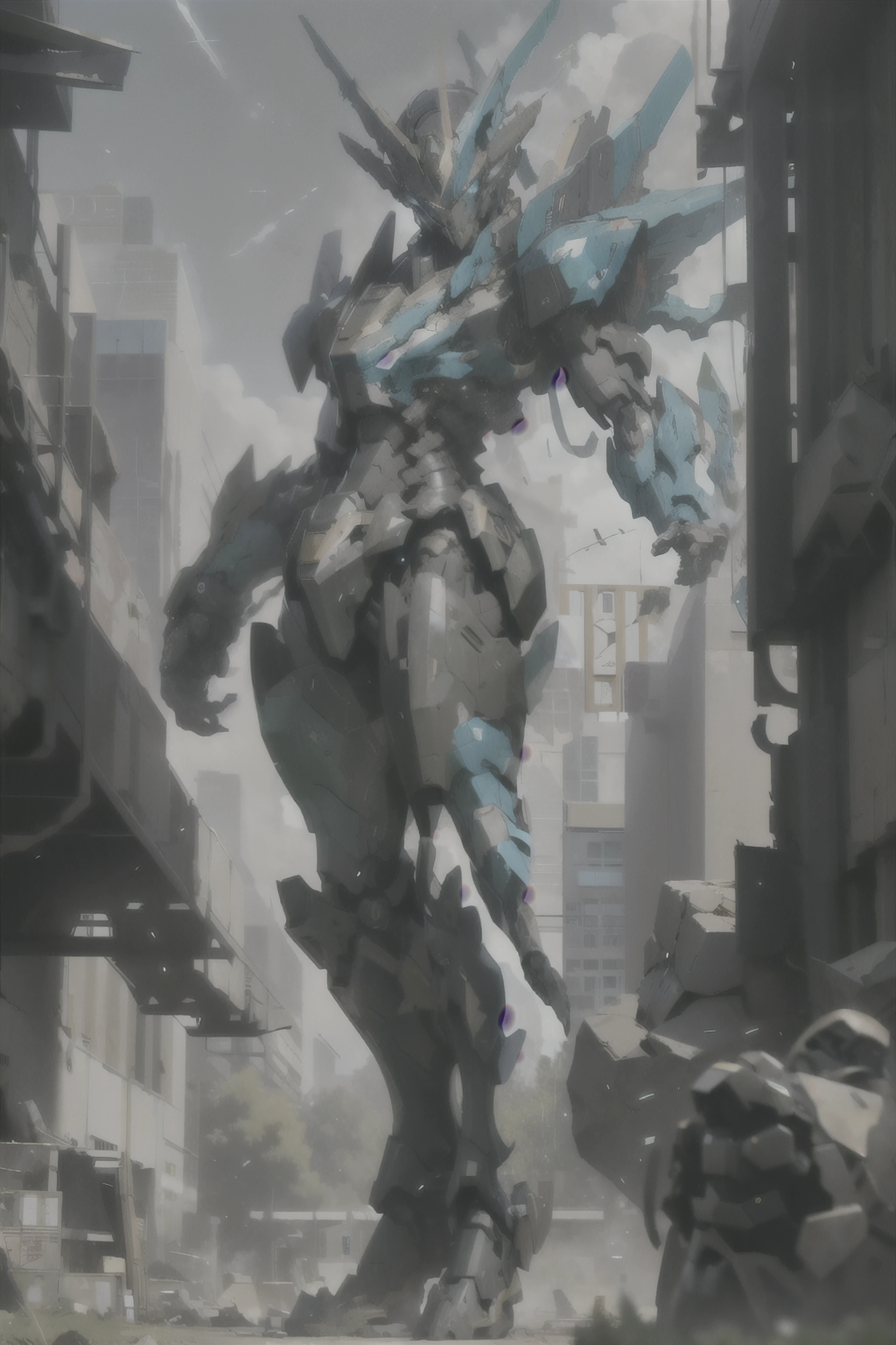 Masterpiece, best quality, Mecha, no human, Black Armor, stone eyes, science fiction, stone, Use Katana stone, war, conflict, destroyed city background, Mecha stone Statue, made of stone, Full body, The Mecha is damaged.