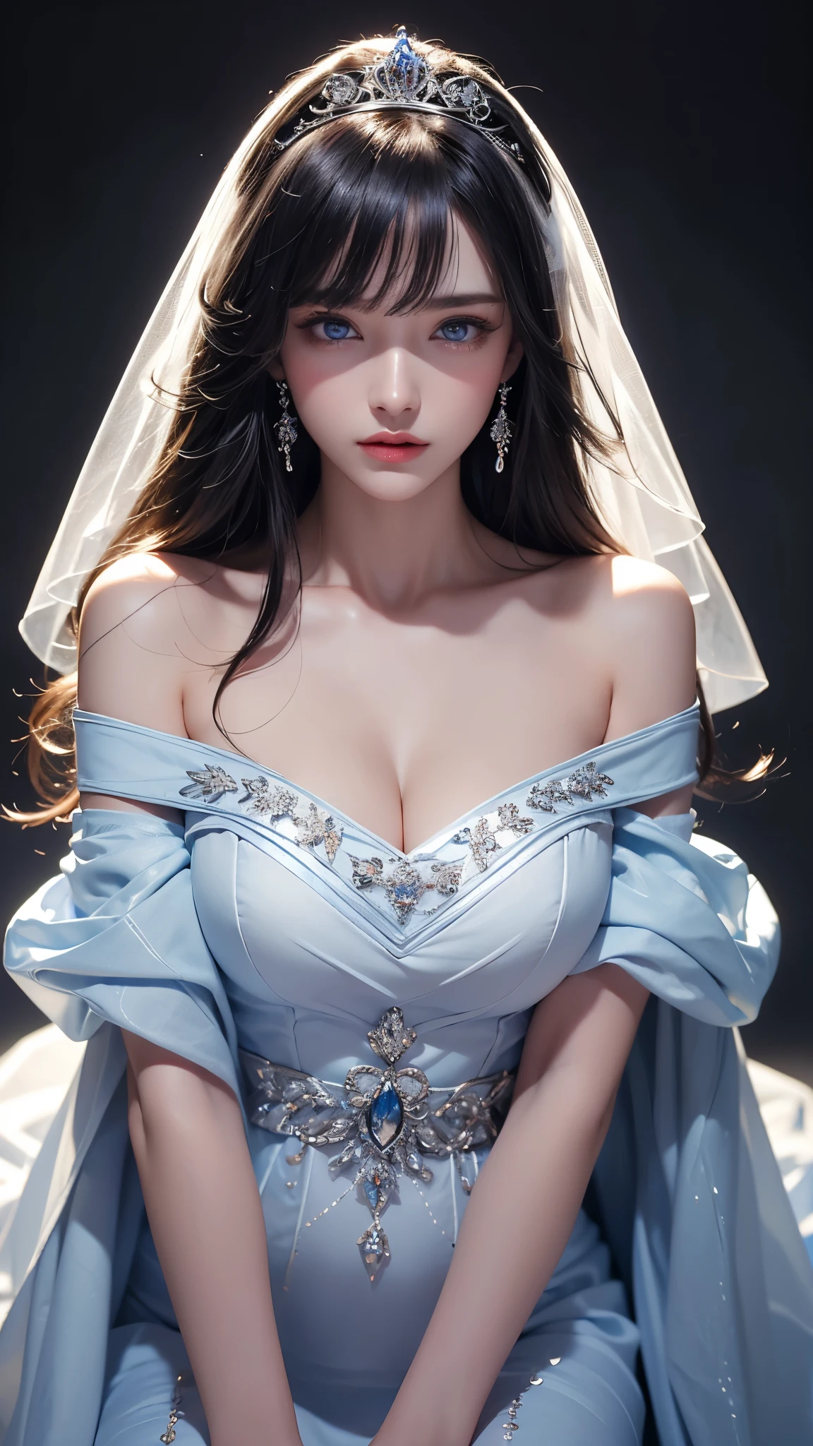 masterpiece, highest quality, Super detailed, Facing the camera, 複雑に詳細なSuper detailed, Realistic, Sharp features, Very detailed, Sharp focus, Perfect Face, Perfect Face, Perfect symmetrical perfect eyes, Perfect Plump Lips, Flexible female form, Cinematic, Film Light, Super detailed, hyper Realistic, masterpiece, Atmospheric, High resolution, Vibrant, Dynamic Studio Lighting, ((Dark Background)), The expression when enduring pleasure, Straight bangs, blue eyes,Cowboy Shot,Sexually aroused expression、white off-the-shoulder wedding dress、tiara