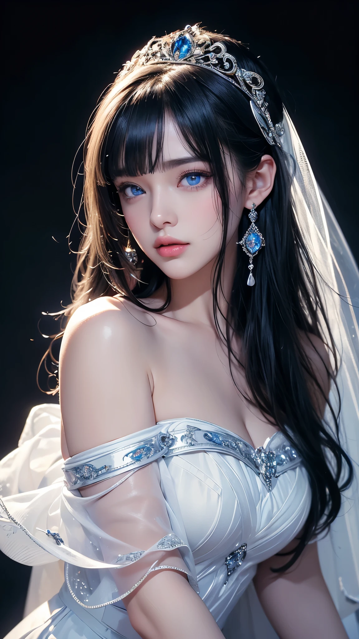 masterpiece, highest quality, Super detailed, Facing the camera, 複雑に詳細なSuper detailed, Realistic, Sharp features, Very detailed, Sharp focus, Perfect Face, Perfect Face, Perfect symmetrical perfect eyes, Perfect Plump Lips, Flexible female form, Cinematic, Film Light, Super detailed, hyper Realistic, masterpiece, Atmospheric, High resolution, Vibrant, Dynamic Studio Lighting, ((Dark Background)), The expression when enduring pleasure, Straight bangs, blue eyes,Cowboy Shot,Sexually aroused expression、white off-the-shoulder wedding dress、tiara
