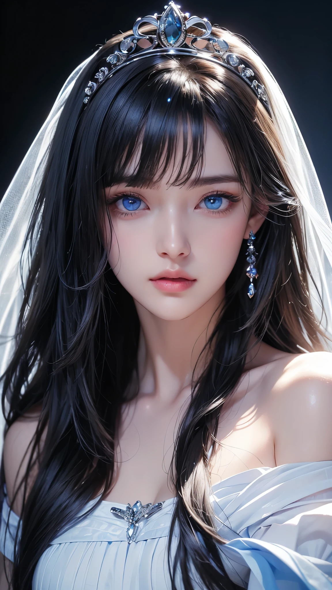masterpiece, highest quality, Super detailed, Facing the camera, 複雑に詳細なSuper detailed, Realistic, Sharp features, Very detailed, Sharp focus, Perfect Face, Perfect Face, Perfect symmetrical perfect eyes, Perfect Plump Lips, Flexible female form, Cinematic, Film Light, Super detailed, hyper Realistic, masterpiece, Atmospheric, High resolution, Vibrant, Dynamic Studio Lighting, ((Dark Background)), The expression when enduring pleasure, Straight bangs, blue eyes,Cowboy Shot,Sexually aroused expression、white off-the-shoulder wedding dress、tiara