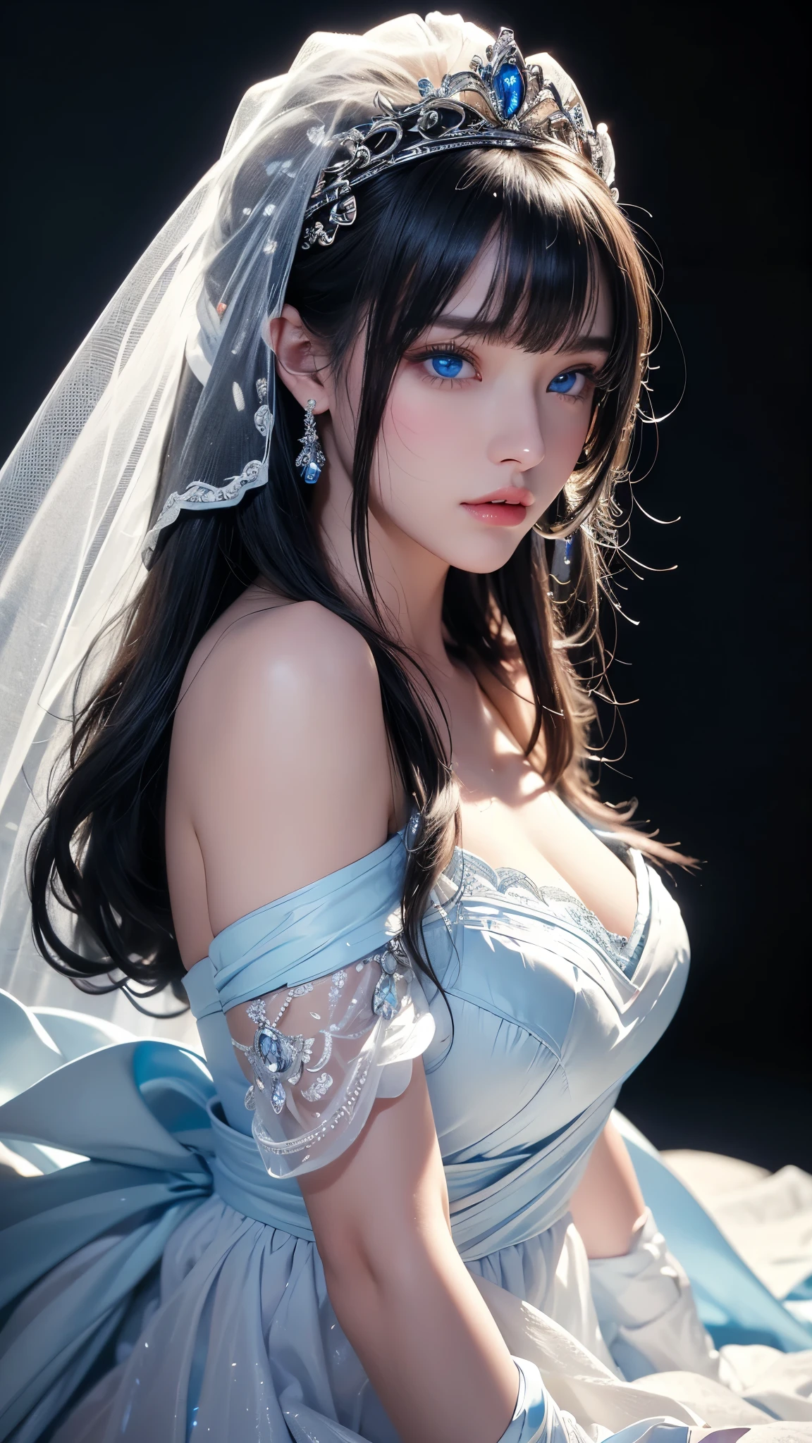 masterpiece, highest quality, Super detailed, Facing the camera, 複雑に詳細なSuper detailed, Realistic, Sharp features, Very detailed, Sharp focus, Perfect Face, Perfect Face, Perfect symmetrical perfect eyes, Perfect Plump Lips, Flexible female form, Cinematic, Film Light, Super detailed, hyper Realistic, masterpiece, Atmospheric, High resolution, Vibrant, Dynamic Studio Lighting, ((Dark Background)), The expression when enduring pleasure, Straight bangs, blue eyes,Cowboy Shot,Sexually aroused expression、white off-the-shoulder wedding dress、tiara