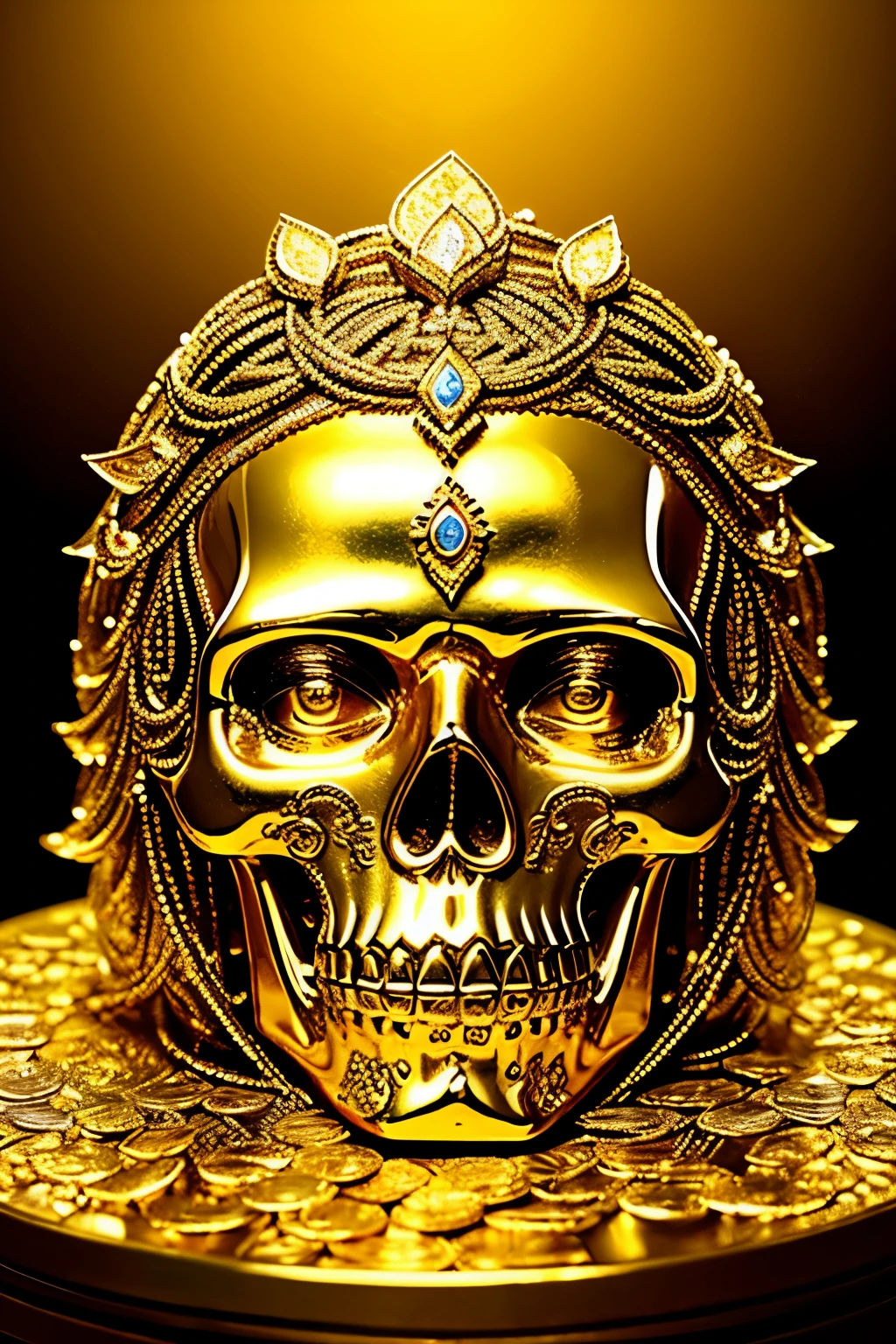 Gold Skull Sculpture Draped in Stacks of Money

Luxurious and ornate, a magnificently detailed golden skull sculpture is adorned with a cascade of intricately-arranged gold coins, creating a mesmerizing display of opulence. With a high degree of realism (1.4), the gold gleams under the bright light, capturing every nuance of texture and shine. The sculpture, masterfully crafted to be a masterpiece of art, showcases the gold's rich hue, each crevice and groove meticulously worked to bring out the stunning design. The shimmering gold coins, stacked high, sparkle