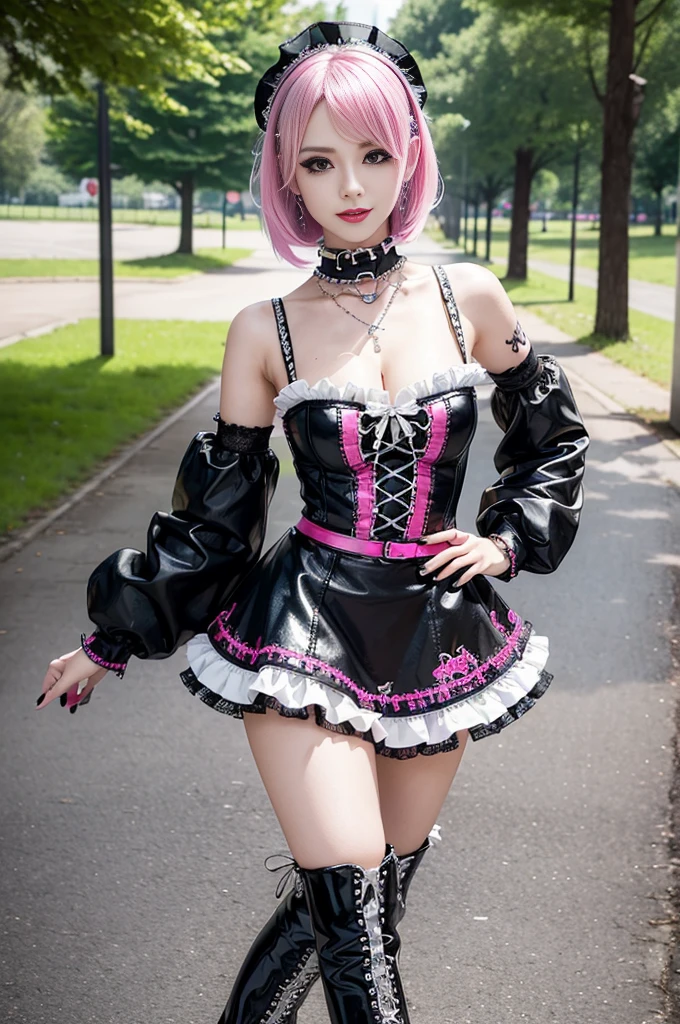 sexy stylish Swedish model, only 1 female, ((doll-like appearance)), short neon pink stylish hair, ((shiny Punk-Style boots)), (big smile), ultra detailed eyes, Punk makeup, lipgloss, ((sexy Punk Lolita cosplay)), unconventional skirt, petticoats, high neckline, ((ultra detailed lace)), ((ultra detailed embroidery)), intricate details, tartan patterns, safety pins, Punk Lolita accessoires, Punk Lolita choker, ((large sparkling Punk Lolita jewelry)), cinematic light, detailed large park background with trees 