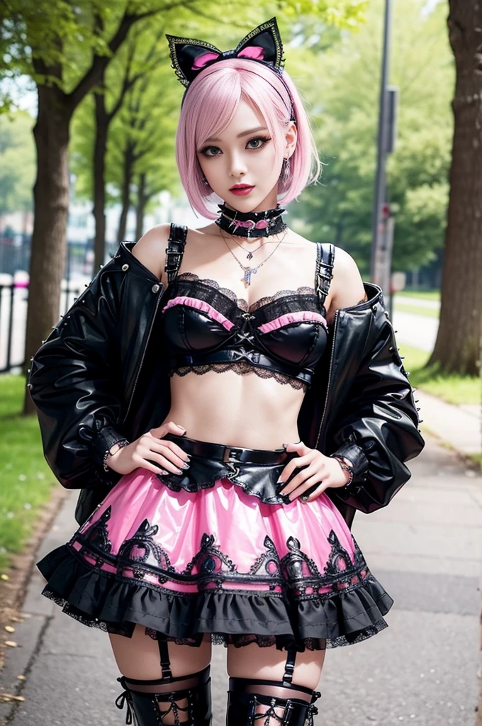 sexy stylish Swedish model, only 1 female, ((doll-like appearance)), short neon pink stylish hair, ((shiny Punk-Style boots)), (big smile), ultra detailed eyes, Punk makeup, lipgloss, ((sexy Punk ta cosplay)), unconventional skirt, petticoats, high neckline, ((ultra detailed lace)), ((ultra detailed embroidery)), intricate details, tartan patterns, safety pins, Punk Loliccessoires, Punk Lolita cr, ((large sparkling Punk Lolita jewel, cinematic light, detailed large park background with trees 