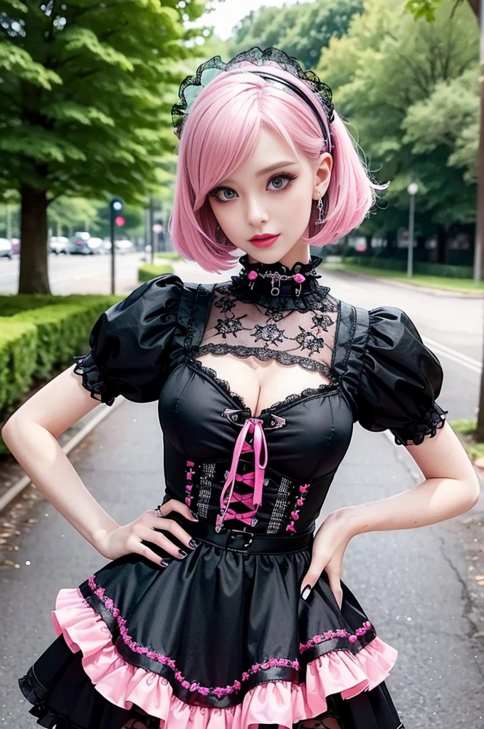 sexy stylish Swedish model, only 1 female, ((doll-like appearance)), short neon pink stylish hair, ((shiny Punk-Style boots)), (big smile), ultra detailed eyes, Punk makeup, lipgloss, ((sexy Punk Lolita cosplay)), unconventional skirt, petticoats, high neckline, ((ultra detailed lace)), ((ultra detailed embroidery)), intricate details, tartan patterns, safety pins, Punk Lolita accessoires, Punk Lolita choker, ((large sparkling Punk Lolita jewelry)), cinematic light, detailed large park background with trees 