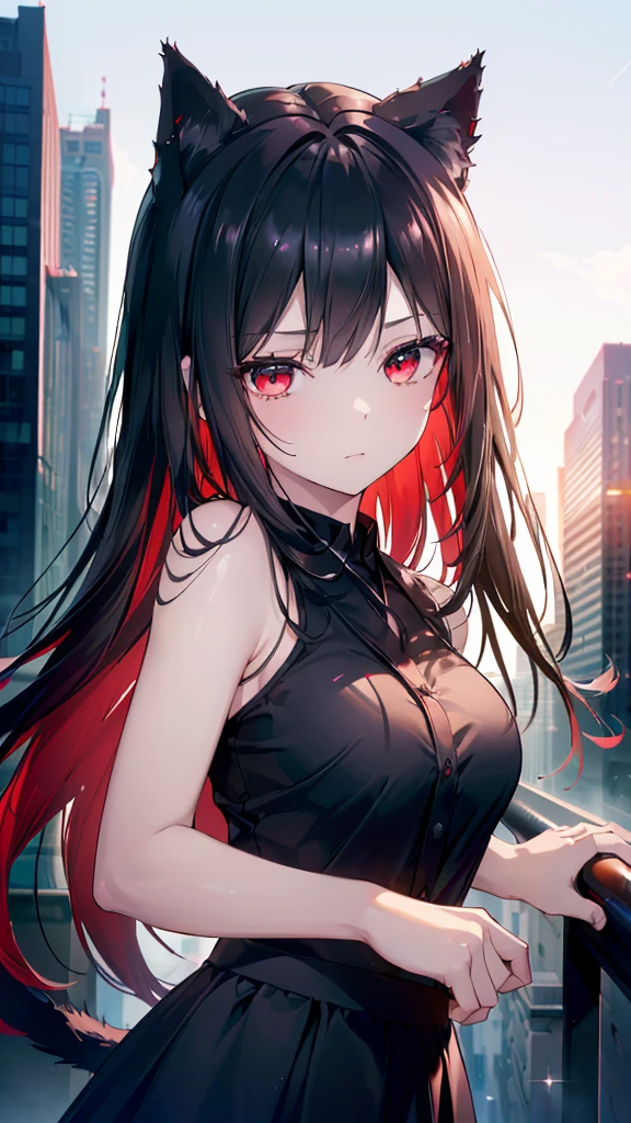 (Cat girl), (smoking), cat ears, black hair, business casual attire, cool, red dress shirt, pretty red eyes, cat tail, ((Crimson Red Eyes eyes: 1.3, Upturned Eyes: 1, Perfect Eyes, Beautiful Detailed Eyes, Gradient eyes: 1, Finely Detailed Beautiful Eyes: 1, Symmetrical Eyes: 1, Big Highlight On Eyes: 1.2)), (((Lustrous Skin: 1.5, Bright Skin: 1.5, Skin Fair, Shiny Skin, Very Shiny Skin, Shiny Body, Plastic Glitter Skin, Exaggerated Shiny Skin, Illuminated Skin))), (Detailed Body, (Detailed Face)), (((Skirt))), High Resolution, Sharp Focus, Ultra Detailed, Extremely Detailed, Extremely High Quality Artwork, (Realistic, Photorealistic: 1.37), 8k_Wallpaper, (Extremely Detailed CG 8k), (Very Fine 8K CG), ((Hyper Super Ultra Detailed Perfect Piece)), (((Flawless masterpiece))), Illustration, Vibrant Colors, (Intricate), High Contrast, Selective Lighting, Double Exposure, HDR (High Dynamic Range), Post-processing, Background Blur
